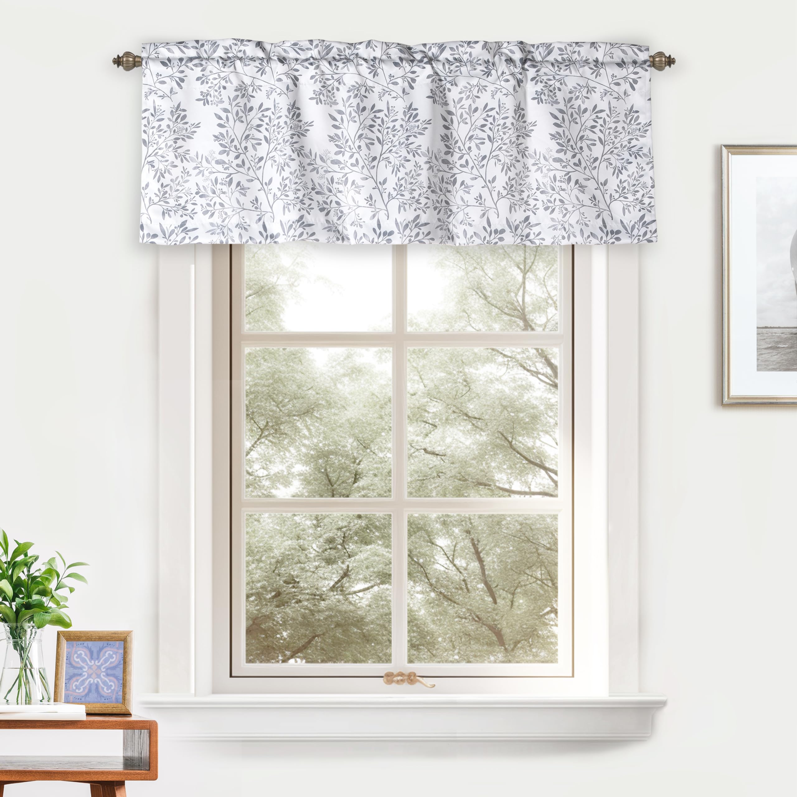 DriftAway Gray and White Curtain Valances for Kitchen Windows Bathroom Living Room Bedroom Rod Pocket Farmhouse Leaf Short Window Treatment Topper 1