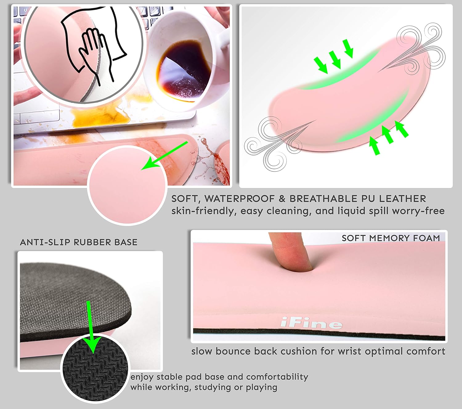 iFine Upgrade Cleanable PU Leather Keyboard Wrist Rest Pad & Mouse Wrist Cushion Support for School, Office, Home, Computer, Laptop, Mac, Waterproof Lightweight Comfortable Pain Relief Typing -Pink