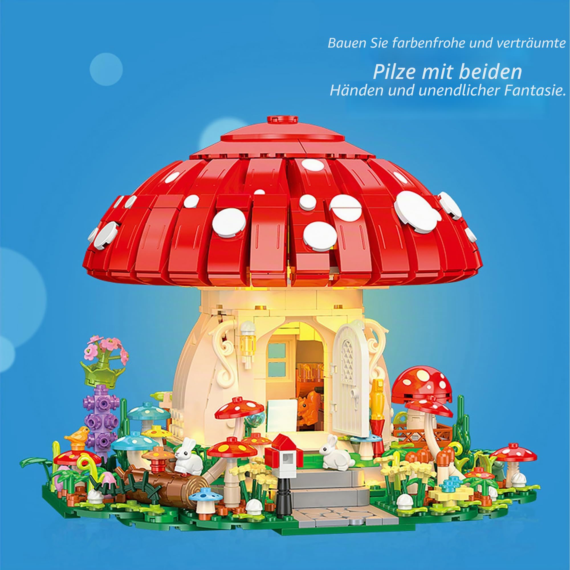 Pilzhaus Bausteine Spielzeug Kit, 1296 Teile mit LED Klemmbausteine Modular Spielzeug Modell, DIY Kreatives Architektur Modellbausatz, Geschenk für Jugendliche und Erwachsene