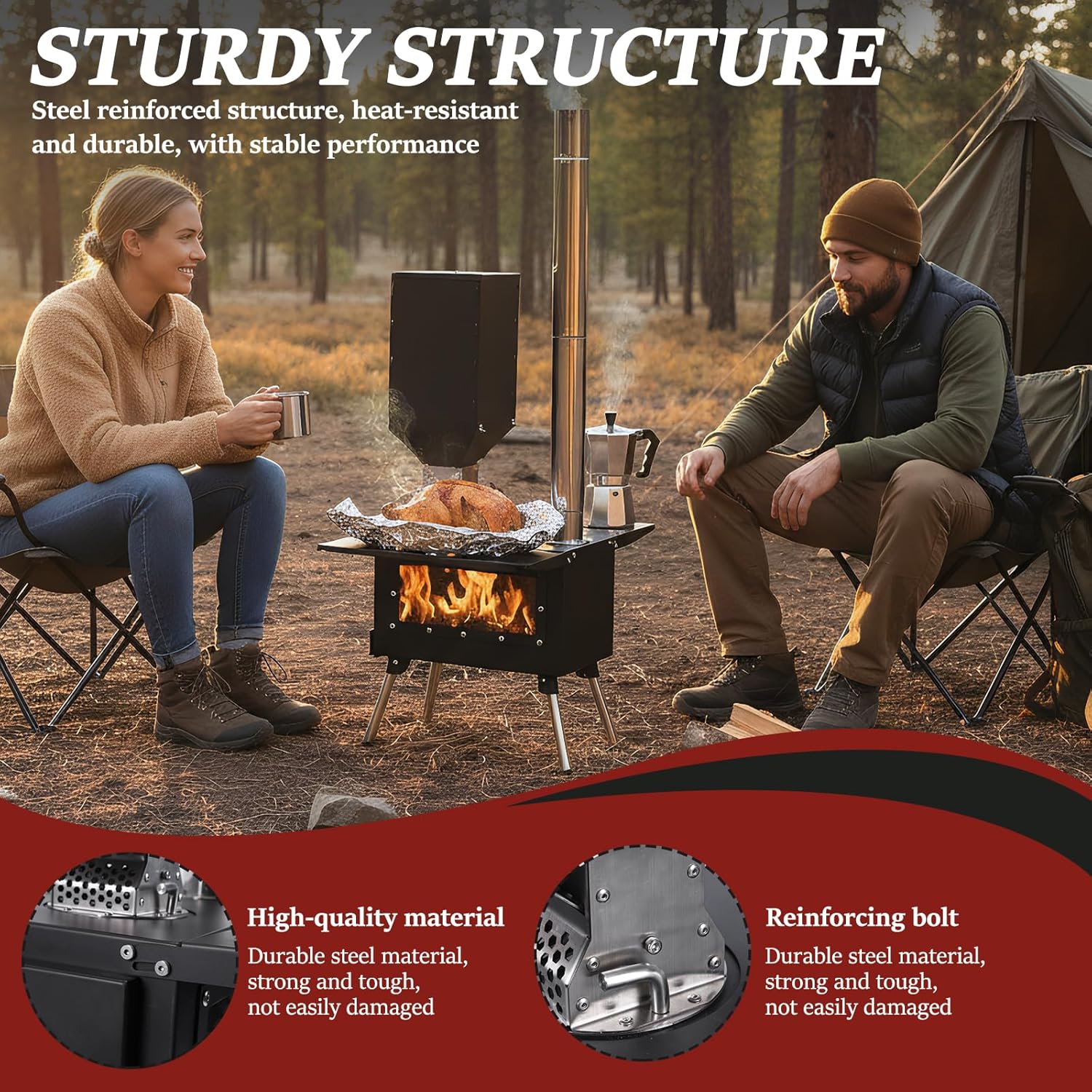 Generic Portable Wood Burning Stove with Stainless Steel Construction Wood Burning Tent Stove Chimney Pipes Included for Outdoor Heating & Cooking Ice Fishing