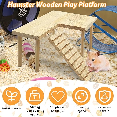 Miniatura 6 de kathson Plataforma de madera para hámster con escalera, plataforma natural de pie para animales pequeños, jaula de conejillo de indias, plataforma