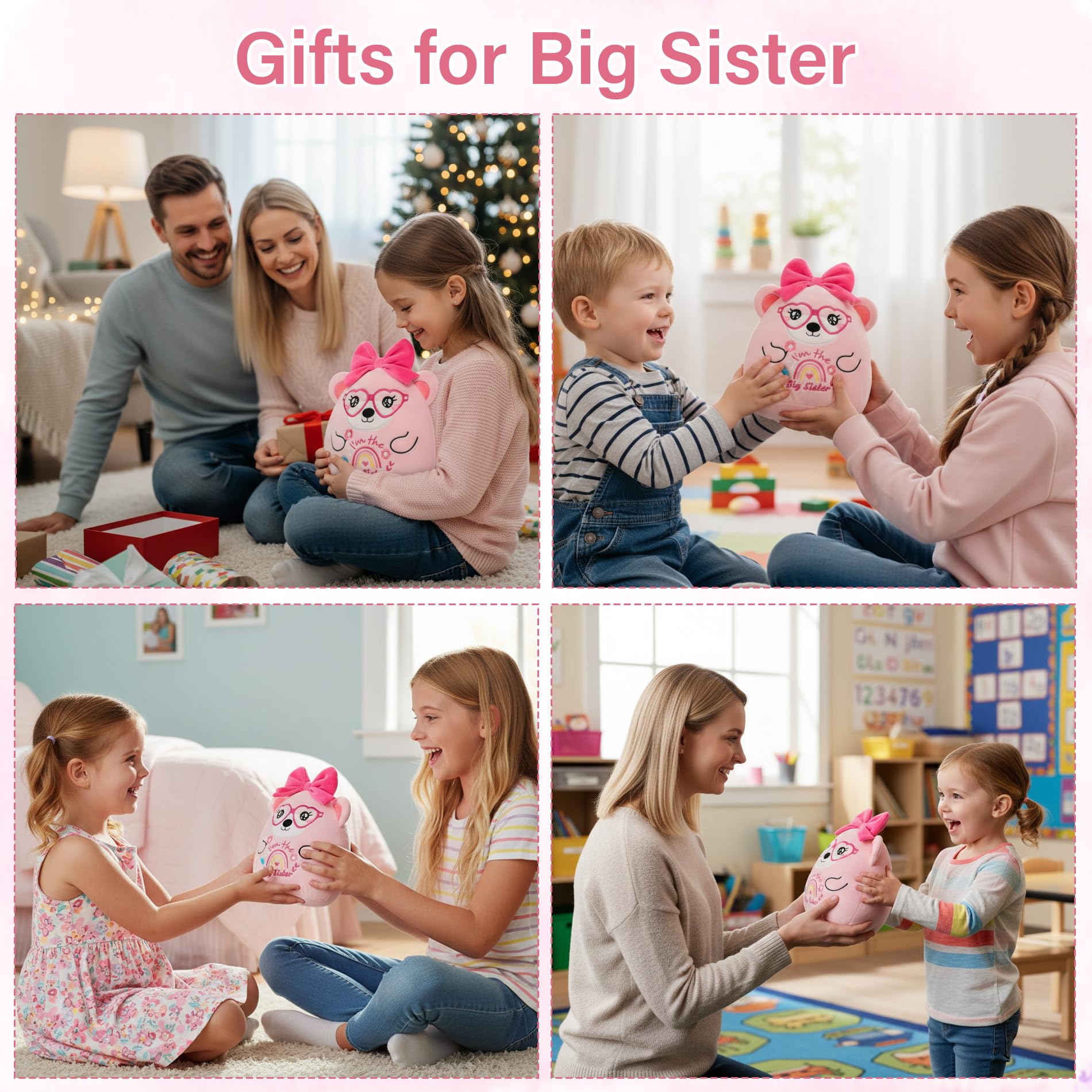 Big Sister Gifts Bear Plush - Cute "I'm the Big Sister" Plush Bear with Big Bow Heart Glasses Rainbow Embroidery Toy Sister Gift for Girl Sibling Kid’s Birthday Baby Shower Bear Gift for Toddler 10in