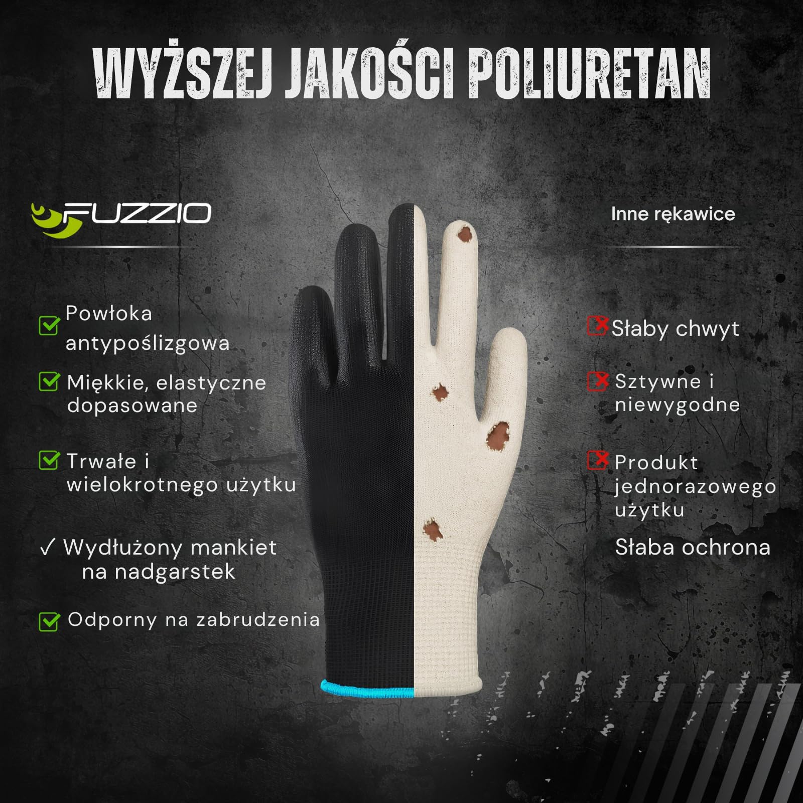 FUZZIO 24 pary rękawic roboczych Jurav PU - klamry robocze XL-10