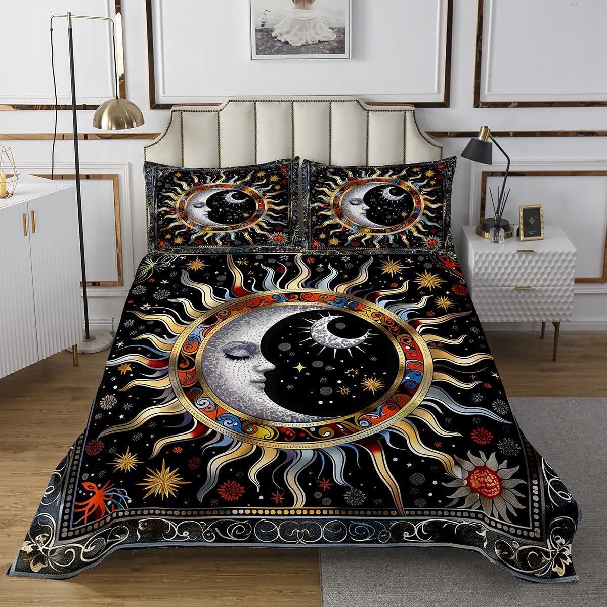 Homemissing Sun and Moon Quilted Bedspread Black White Gold Quilted Bedspread for Kids Boys Girls Boho Exotic Style Coverlet Set Bohemian Floral Quilted Bedroom Collection 3Pcs Double - Image 2