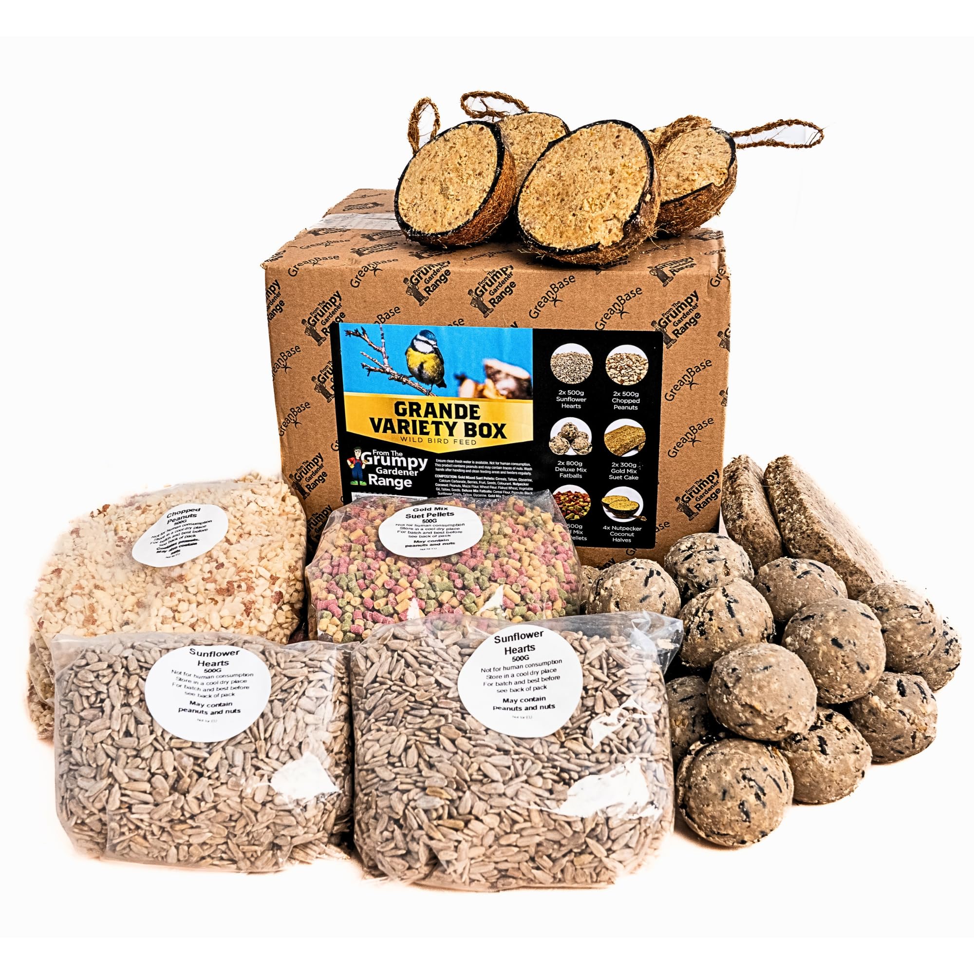 Grumpy Gardener Wild Bird Food Variety Box Grande – Fat Balls, Suet Pellets, Bird Peanuts, Sunflower Hearts, Suet Cakes & Nutpecker Coconuts | High-Protein Energy Feed (6 Kg)