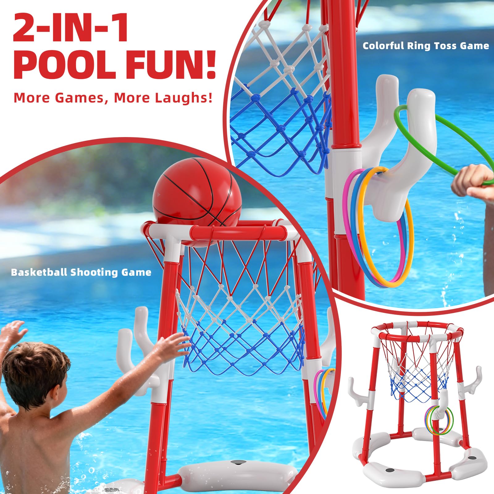 Anneau de Basket-Ball pour Enfants de 4 à 8 et 8 à 12 Ans, Jeu d'eau 2 en 1, Flottant et Hors Sol, avec 4 balles, 12 Anneaux et Pompe, Jouet d'extérieur pour Piscine pour Adultes, fêtes d'été