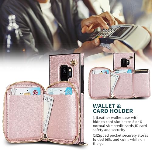 Miniatura 4 de Asuwish Funda de teléfono para Samsung Galaxy S9 con protector de pantalla de vidrio templado y soporte para tarjetas con cremallera, soporte de