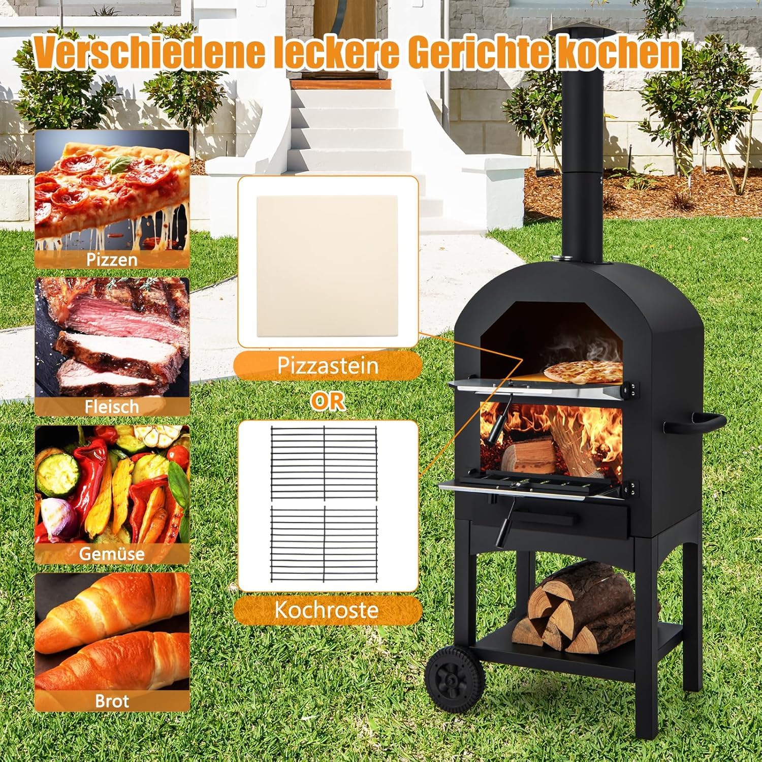 FANTASK Outdoor Pizzaofen mit eingebautem Thermometer, holzbefeuerter Pizzaofen mit Rädern & wasserdichtem Deckel