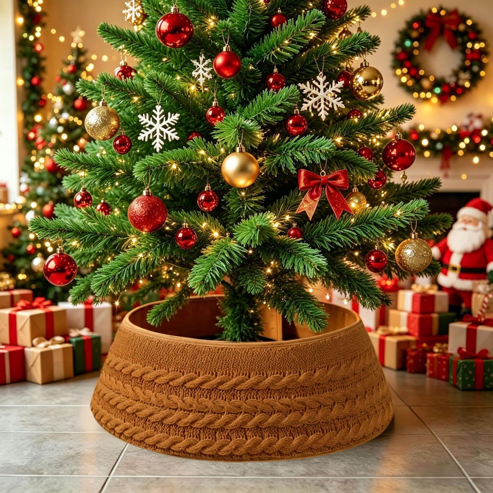 Colletto per albero di Natale, rotondo, lavorato a maglia, decorazione