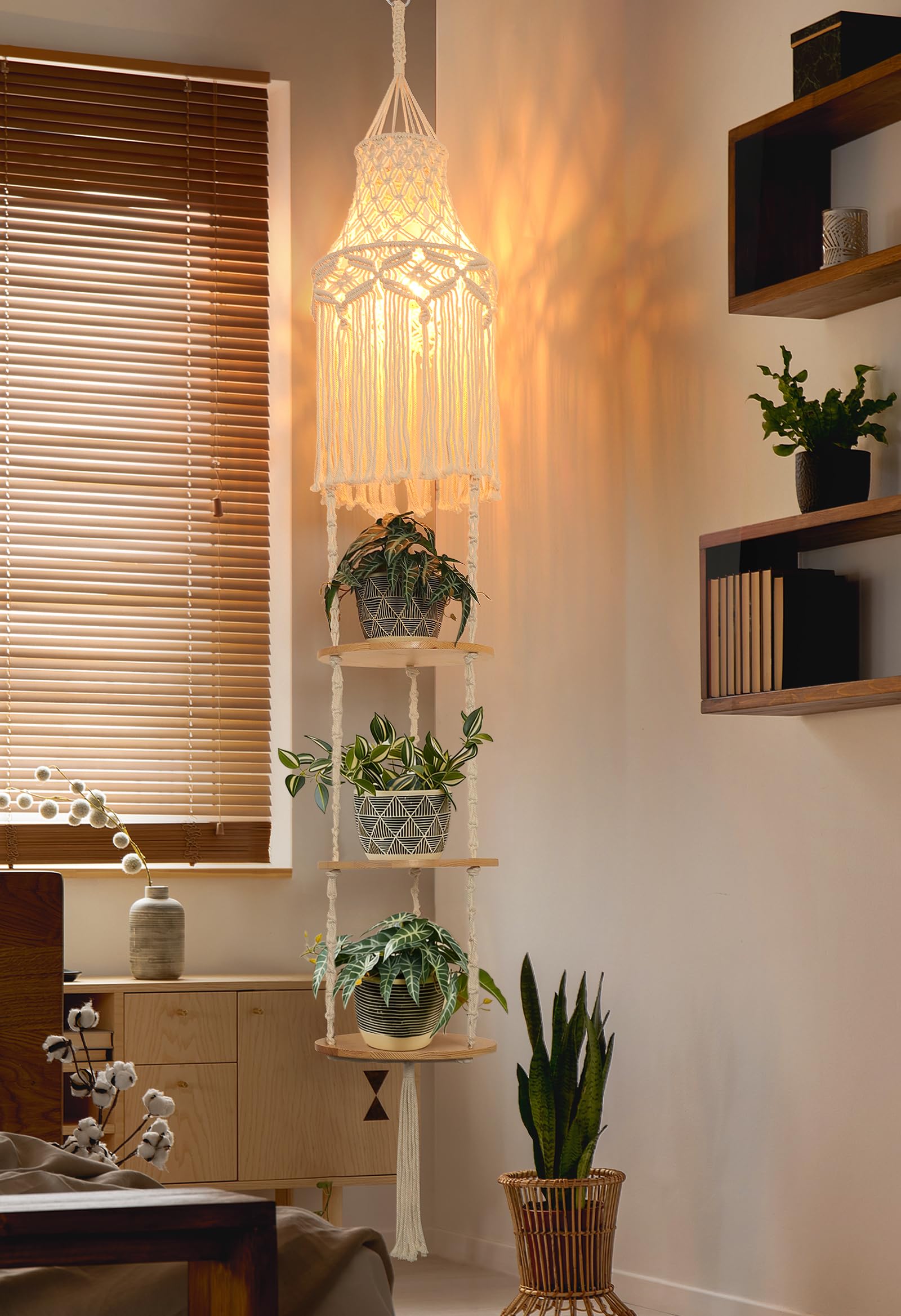 ANROYE 3-Tier Macrame Hanging Lamp Shelf, Boho Woven Corner Pendant Light Shade Plant Shelves with Plug Cord, Bohemian Hanging Bedside Ceiling Light