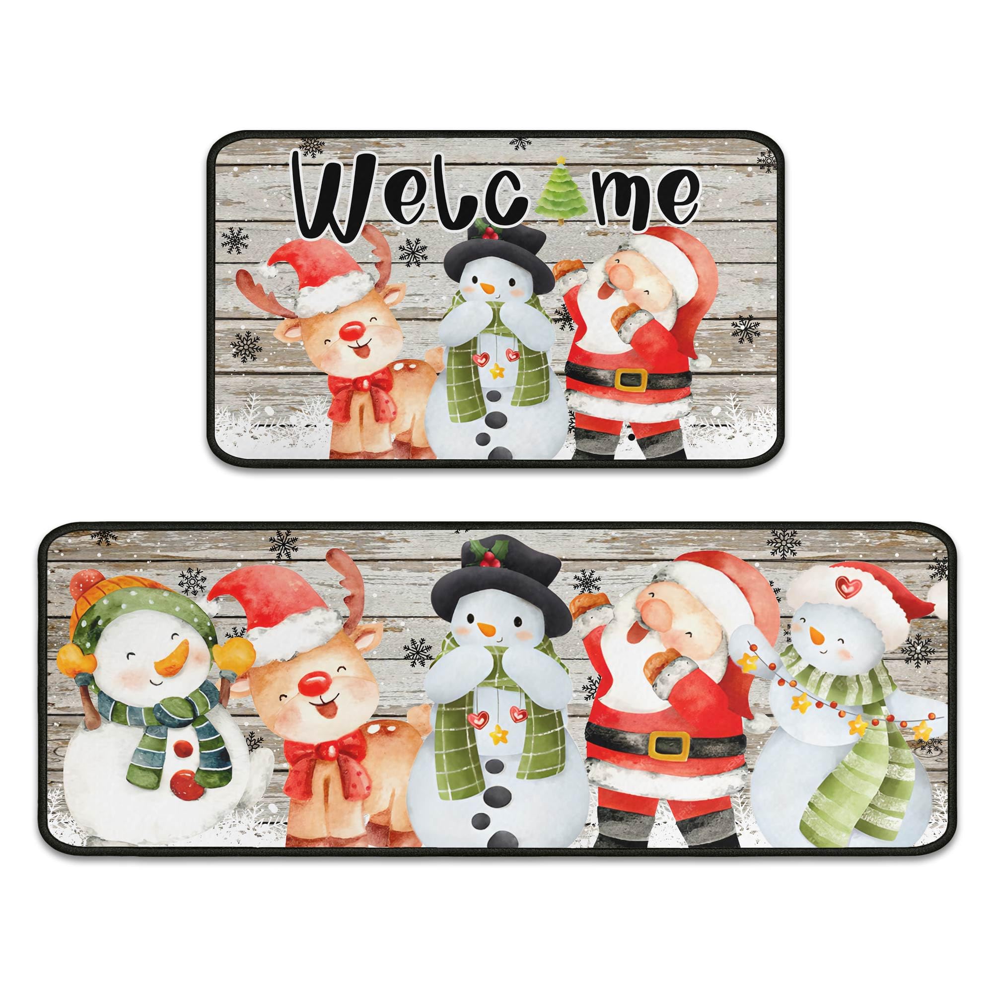 PyreneanHaven Christmas Kitchen Mats Set of 2, Christmas Decorations for Home Deer Snowman Welcome Rug Winter Mat Home Xmas Decor Low-Profile Kitchen Rugs for Floor 17"X47"+17"X30" (Snowman)