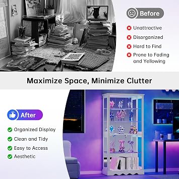 Dystler Display Cabinet with Glass Doors, 71'' Tall Curio Cabinet with RGB Lights for Collectibles, LED Display Case with Removable Shelf for Book/Medal/Figure, White