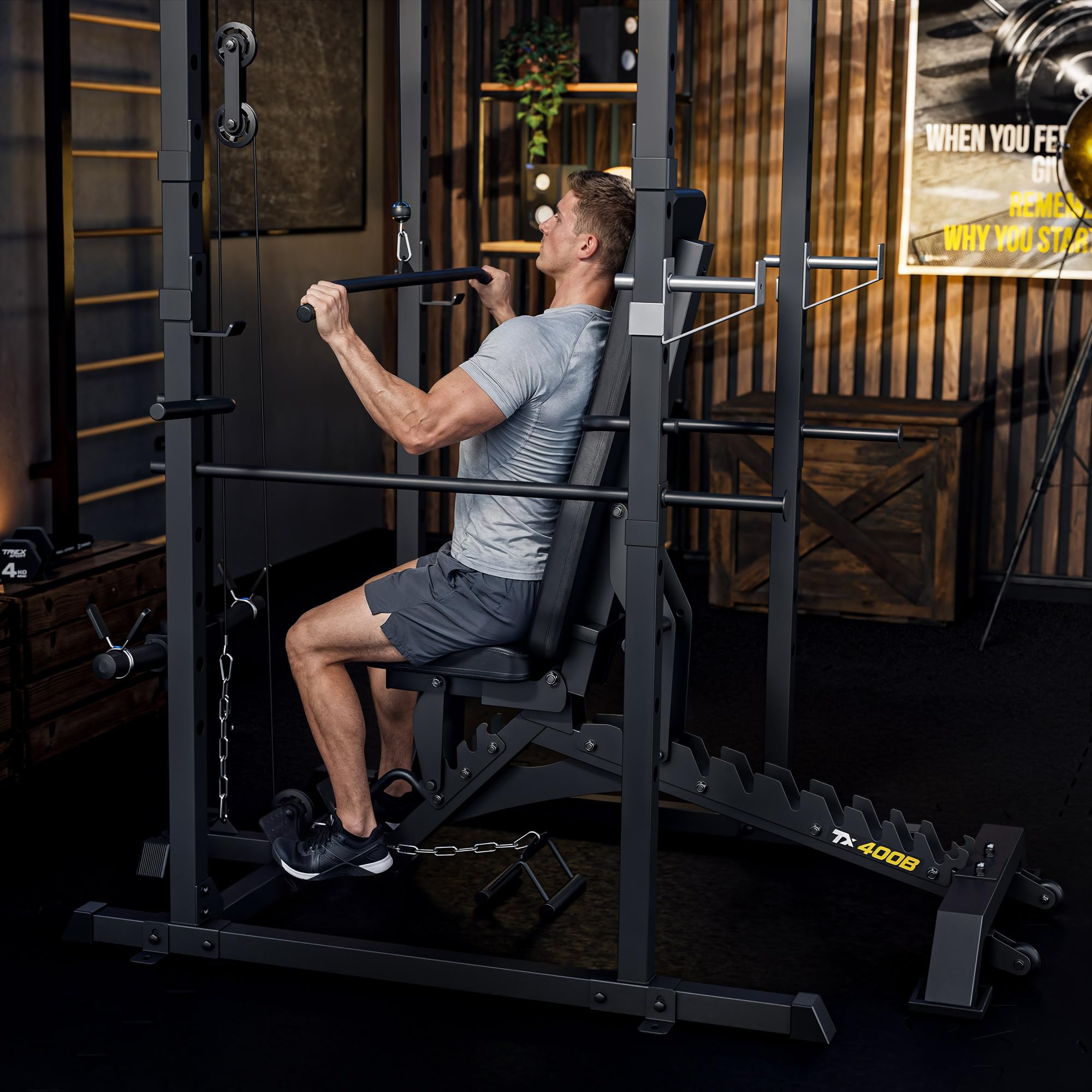 TREX SPORT Power Rack Multipresse mit Latzug Dip-Station bis 120kg TX-500PC | Powerrack mit Latzug oben/unten, Klimmzugstange, Squat Rack & Homegym mit verstellbaren Ablagen, Power Cage