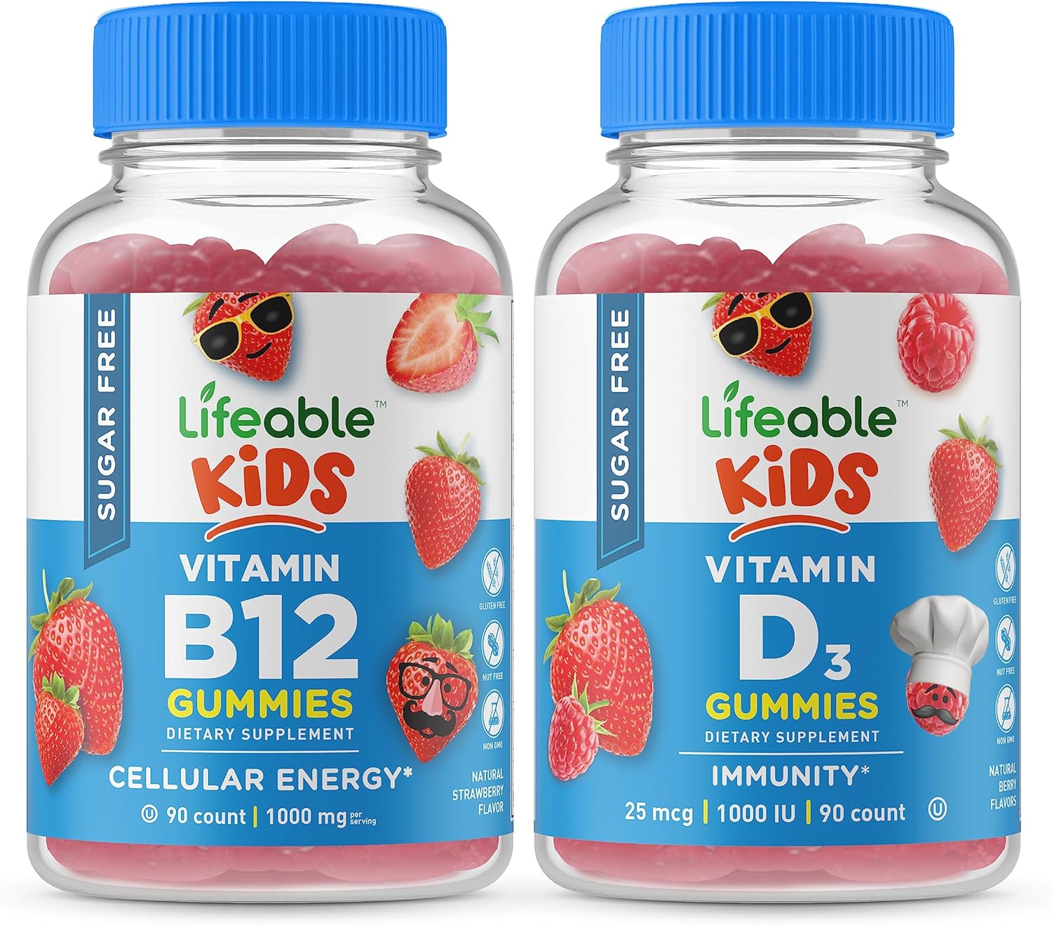 Lifeable Sugar Free Vitamin B12 Kids + Vitamin D Kids, Gummies Bundle - Great Tasting, Vitamin Supplement, Gluten Free, GMO Free, Chewable Gummy
