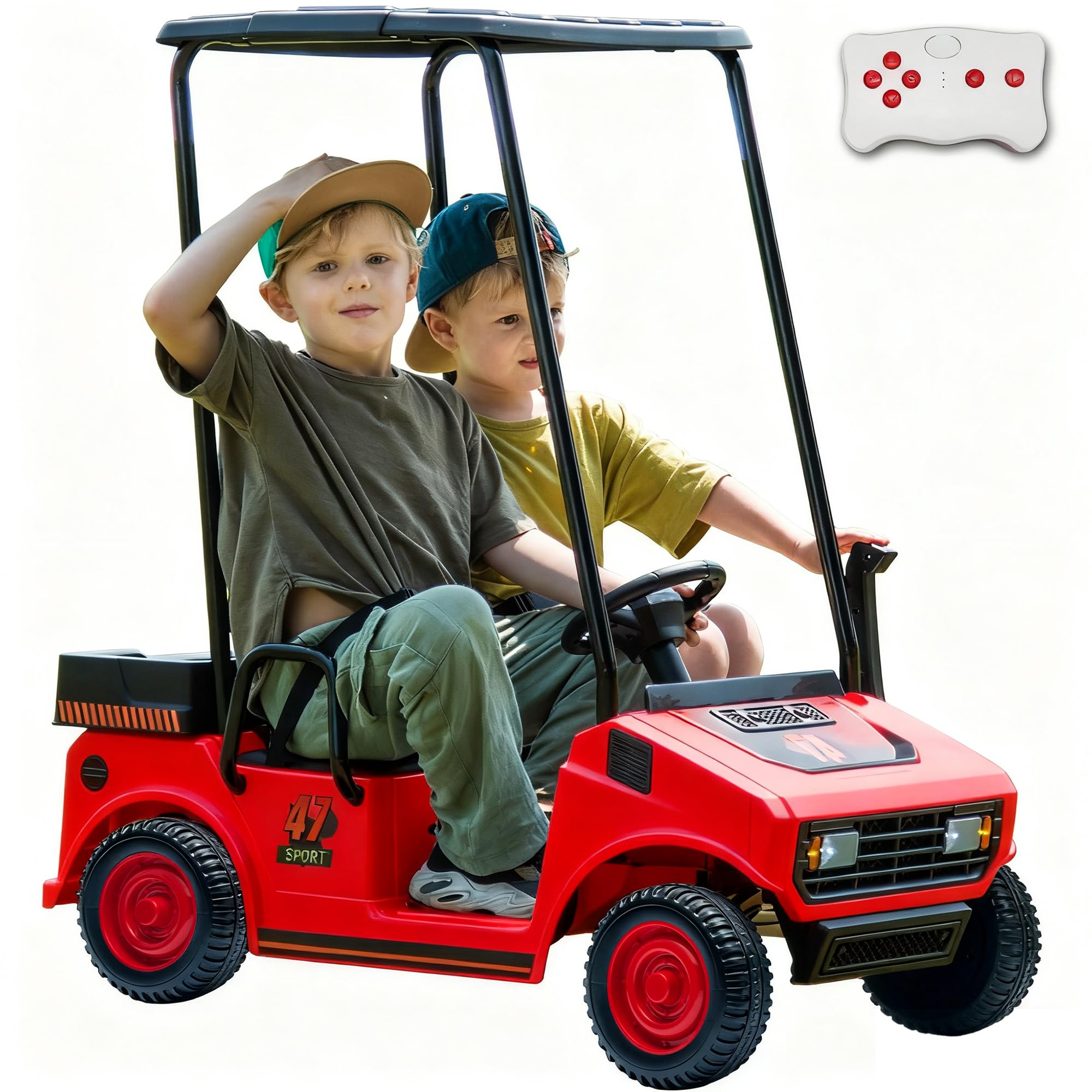 sopbost 2 Seater Ride On Car with Remote Control 2WD 12V Electric Mini Golf Cart for Kids Boys Girls Age 3-5, Bluetooth, Plastic Roof, Rear Storage