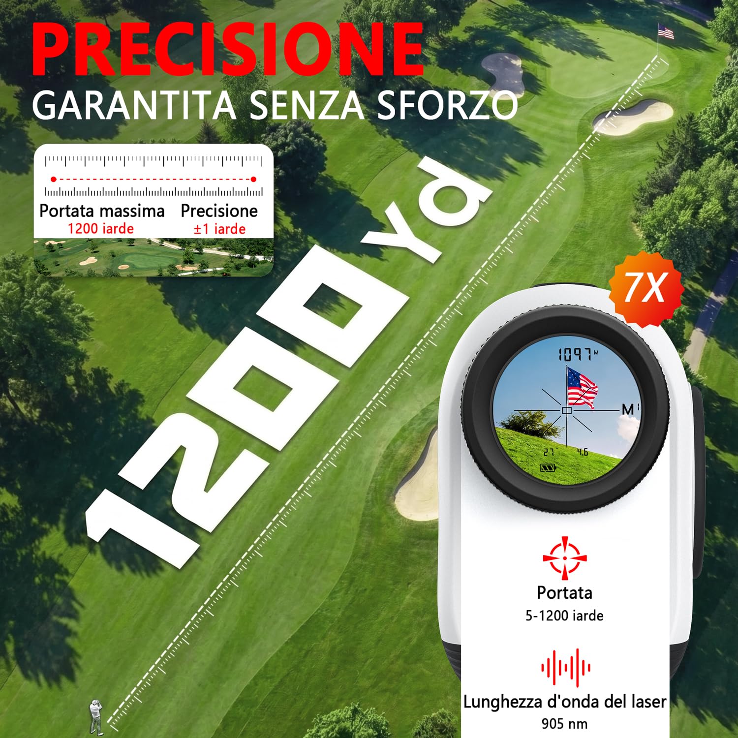 SKYBASIC Telemetro Golf/Caccia with Slope, Flag Lock & Vibration,7X,1200Y