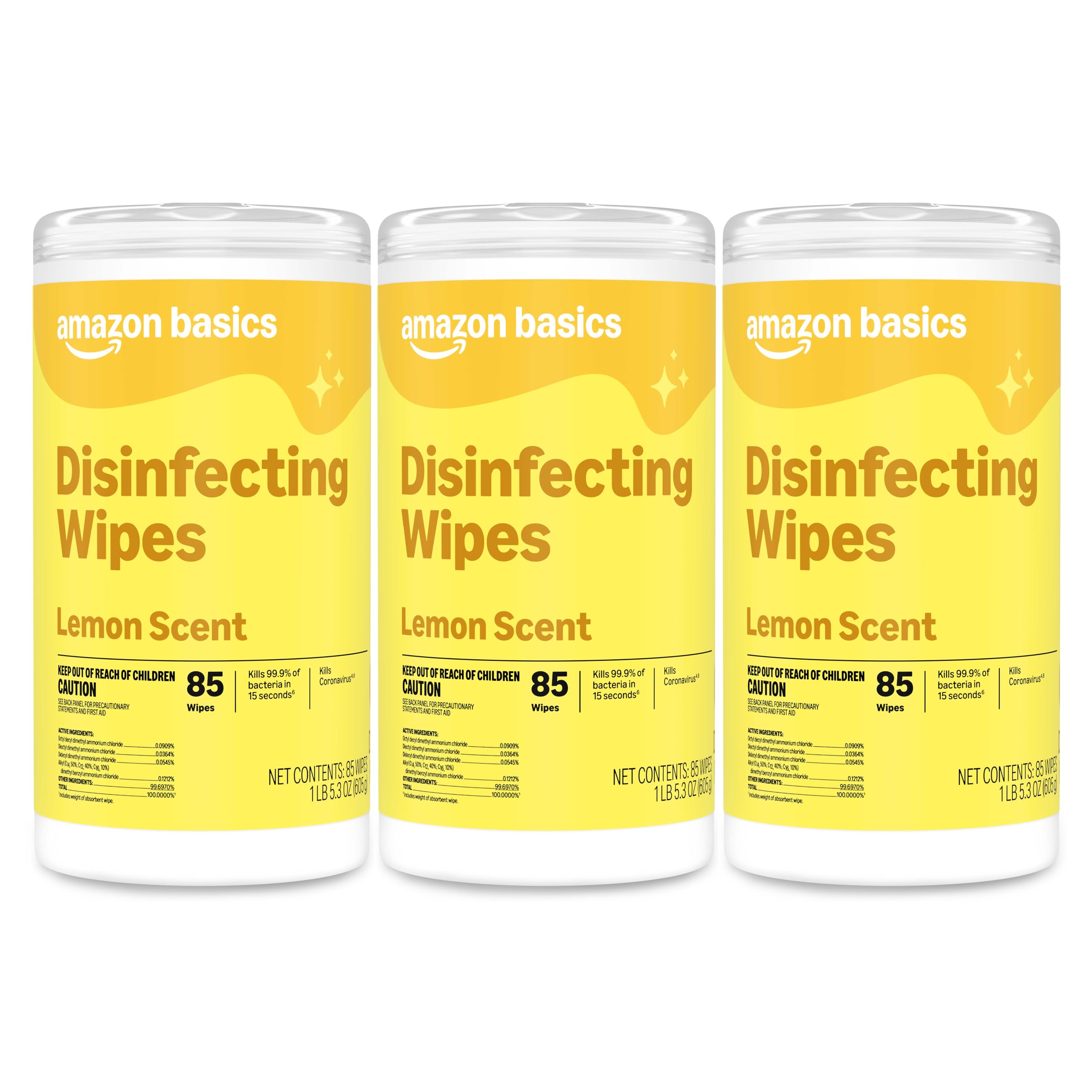 Three canisters of Amazon Basics Disinfecting Wipes, Lemon Scent, 85 count each.