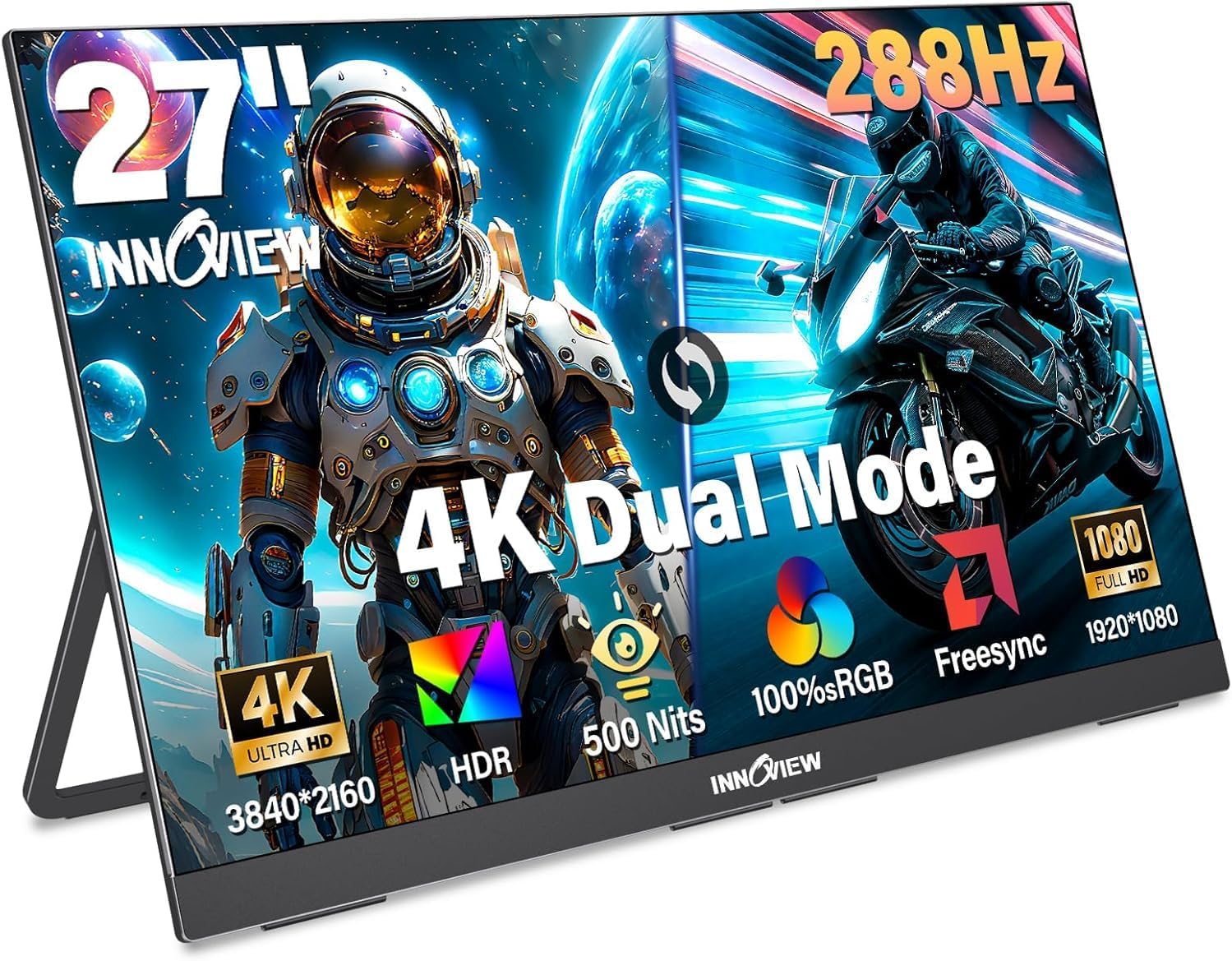InnoView 18 inch Portable Monitor, 180HZ OD Gameplus 2K 2560x1600 QHD 100% sRGB Portable Gaming Monitor with Kickstand HDR FreeSync Travel Monitors for Game Console, PS5, Switch, PC, Phone