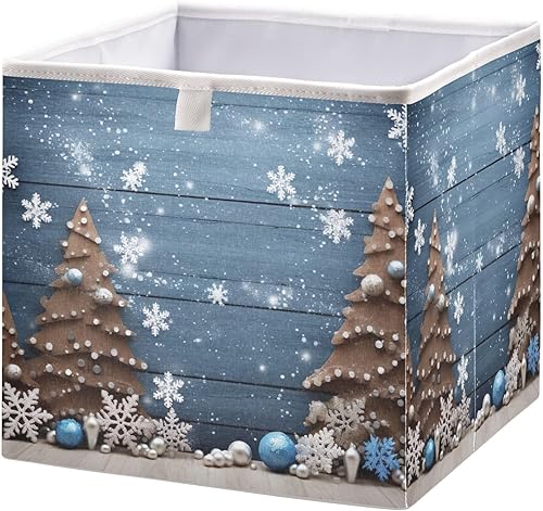 Wooden Christmas Tree Snowflakes Cube Storage Bin Fabric Storage Cubes Foldable Storage Box Large Closet Organizers Baskets Containers for Shelves