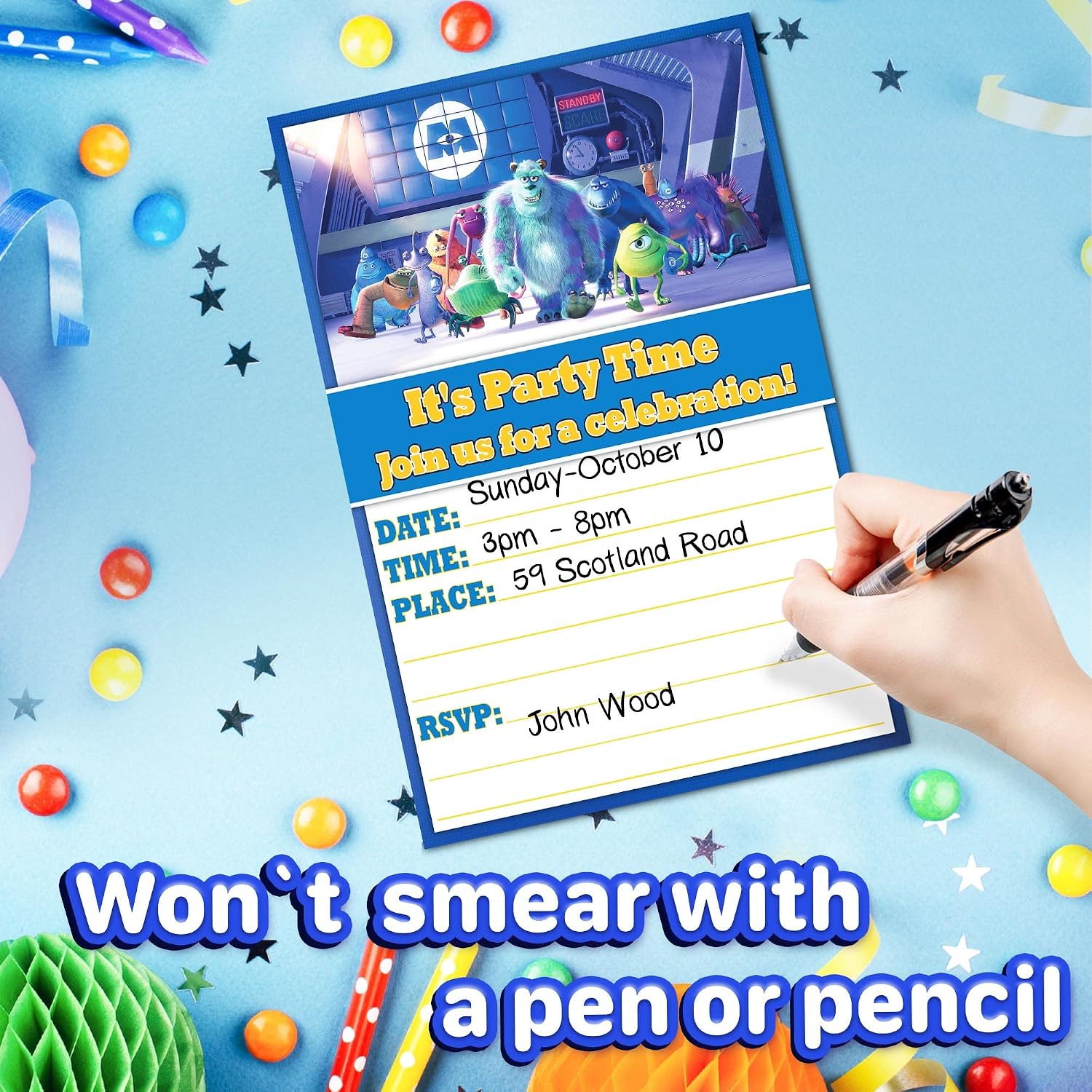 20x Friendly Monsters Birthday Invitations and Envelopes – Fill-in Happy Birthday Party Invitations for Kids, 6X4 Inches, Postcard Style