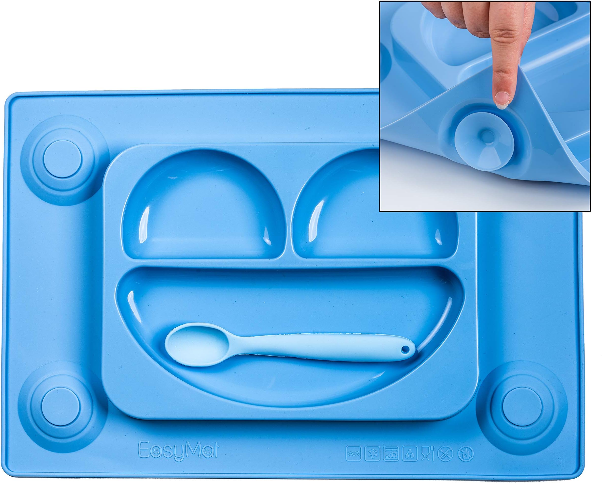 EasyMat Original Large Size Toddler Placemat & Divided Baby Suction Plate in with Spoon. for Transition to Table Feeding