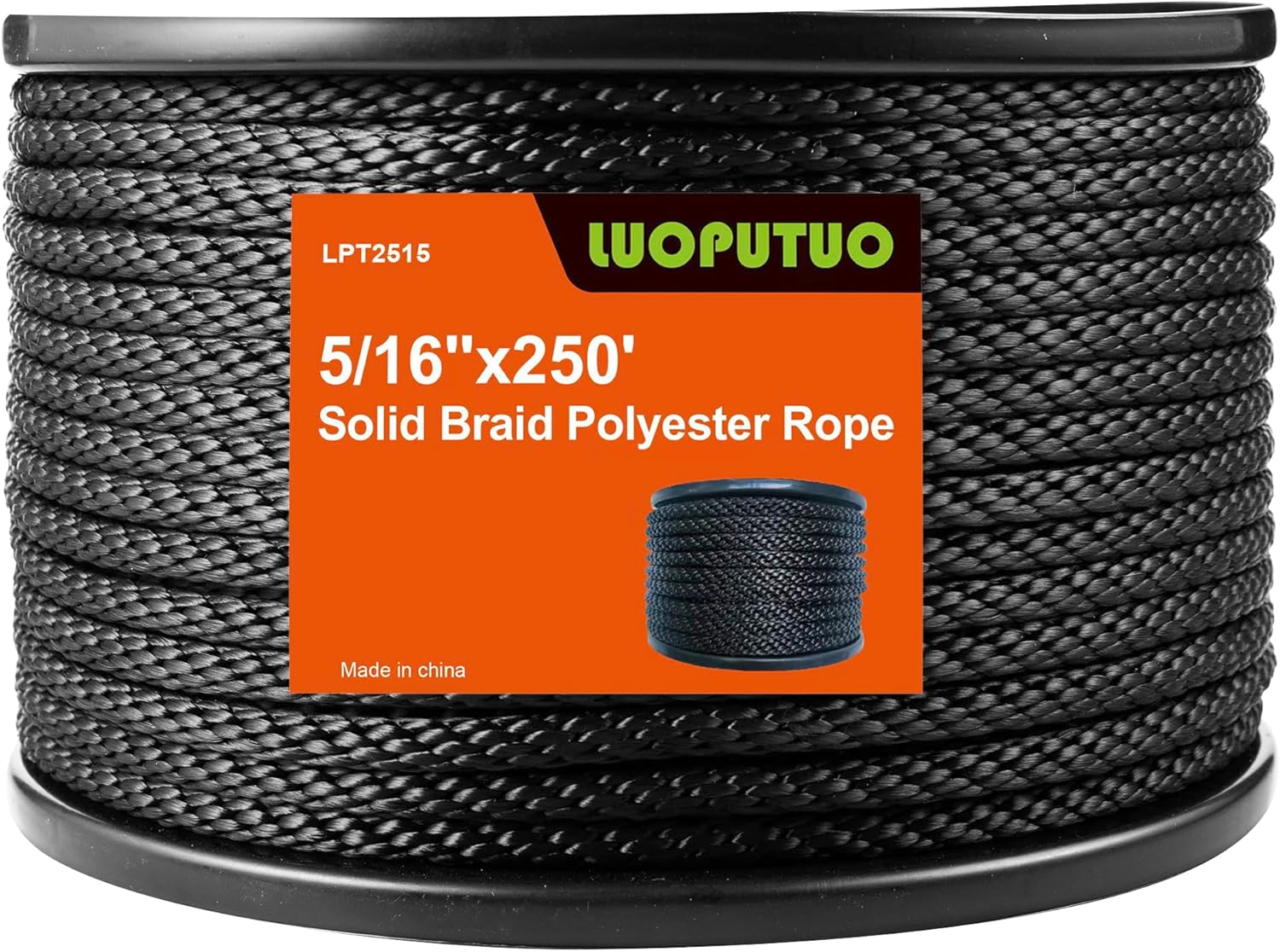 5/16 Inch 250FT Black Polyester Solid Braid Rope | High UV & Abrasion Resistance | Industrial Grade, Low Stretch | Multipurpose for Flag Poles, Clotheslines