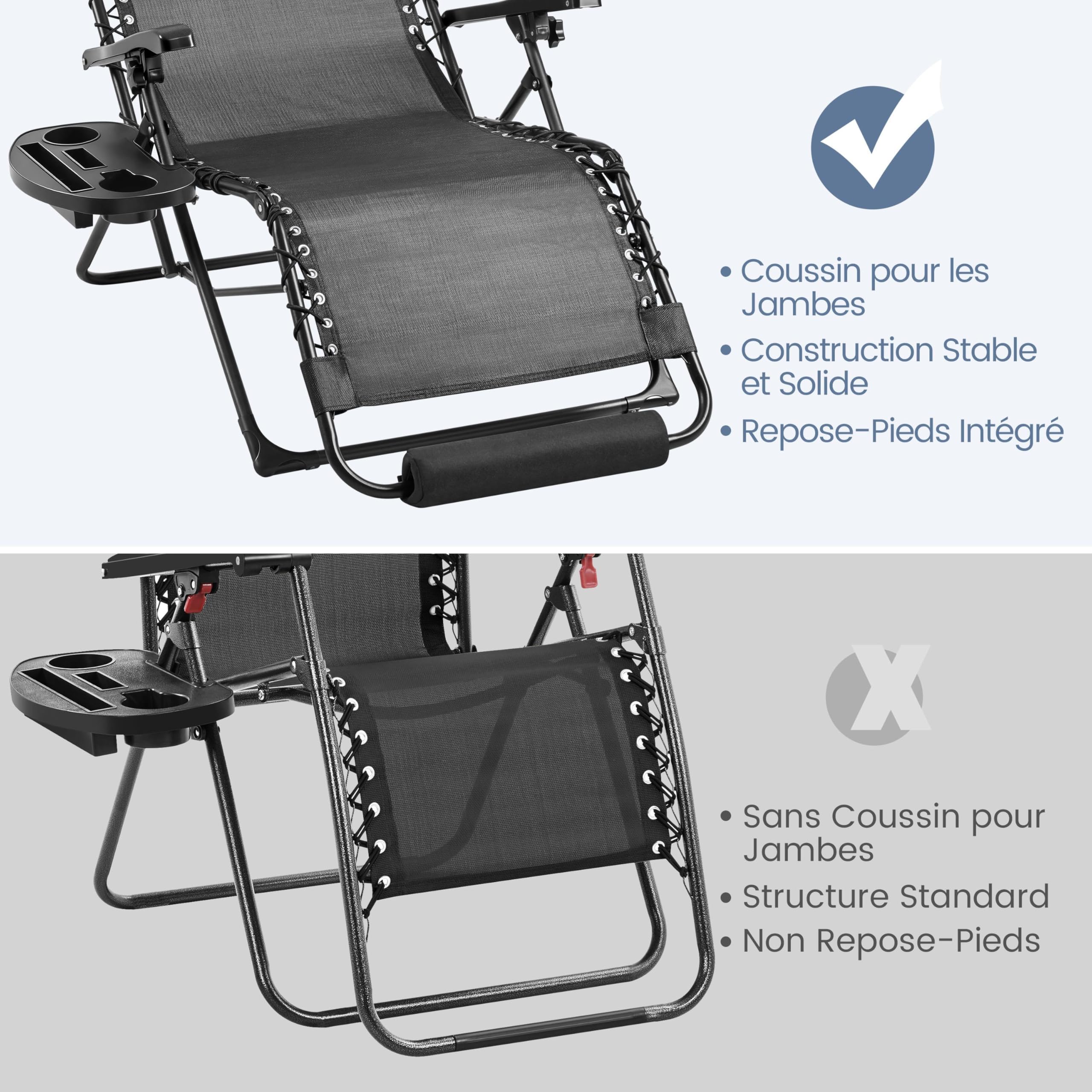 Abician Bain de Soleil Chaise Longue de Jardin avec Coussin, Fauteuil de Jardin Chaise Longue Pliable & Inclinable, avec Porte-Boisson Repose Pieds Appuie-tête Amovible, capacité 200kg aux intempéries