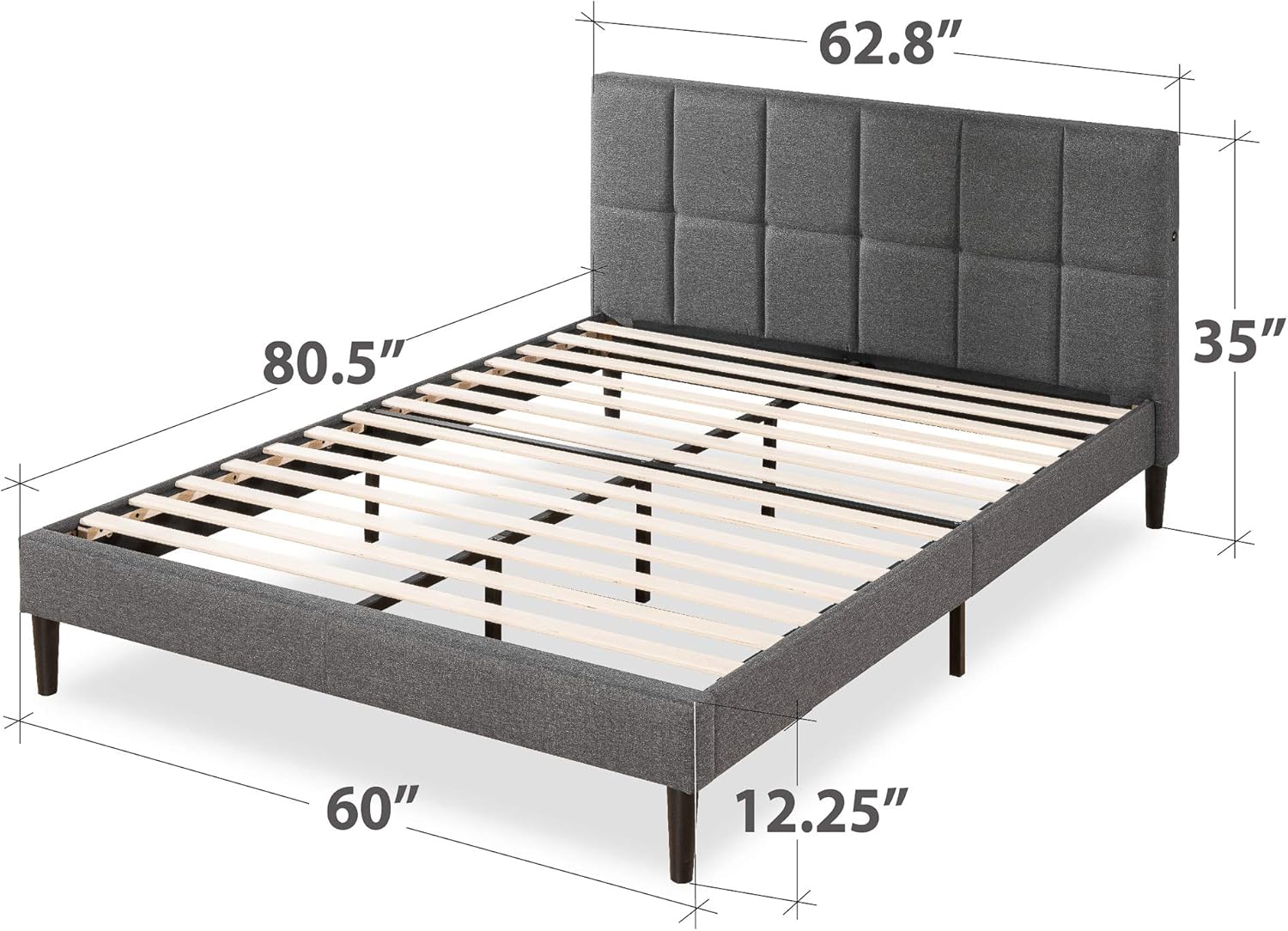 Zinus Lottie Upholstered Platform Bed Frame with Short Headboard and USB Ports, Mattress Foundation, Wood Slat Support, No Box Spring Needed, Easy Assembly, Grey, Queen