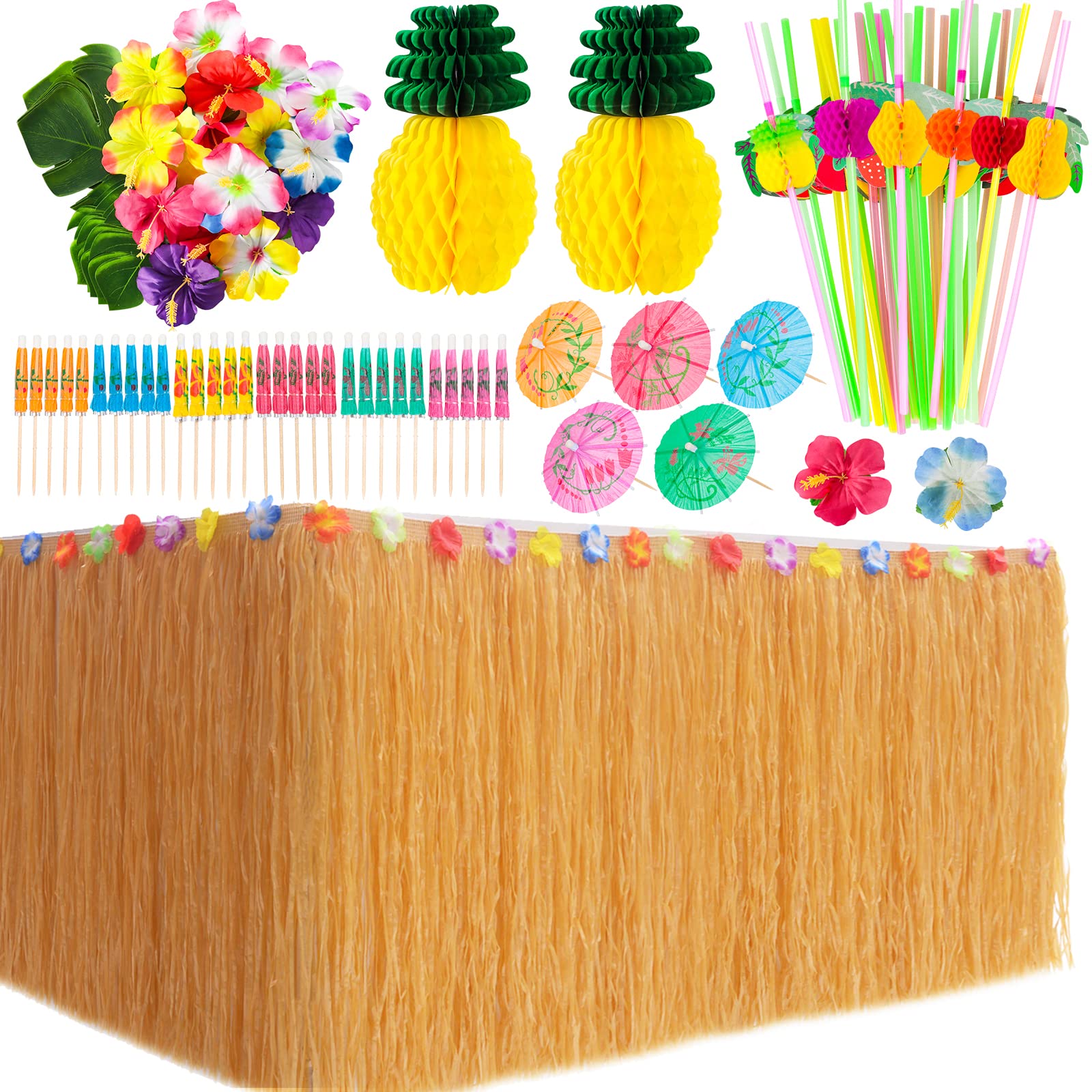 Garma 135 Pcs Hawaiian Tropical Luau Party Decoration Set Including 9 feet Hawaiian Luau Grass Table Skirt, Hawaiian Flowers, Palm Leaves, Multicolored Umbrellas, Paper Pineapple, Pineapple Décors