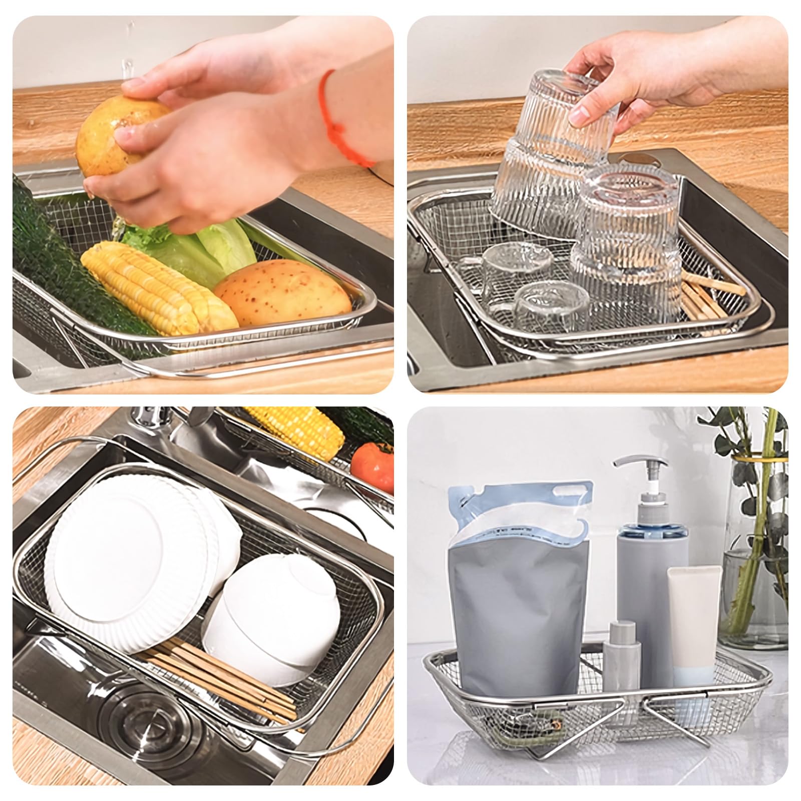 Ulepszenie nad zlewem siatkowy durszlak rozszerzalny sitko kosz na warzywa ze stali nierdzewnej do zlewu kuchennego (45,5 x 24,5 x 8 cm)