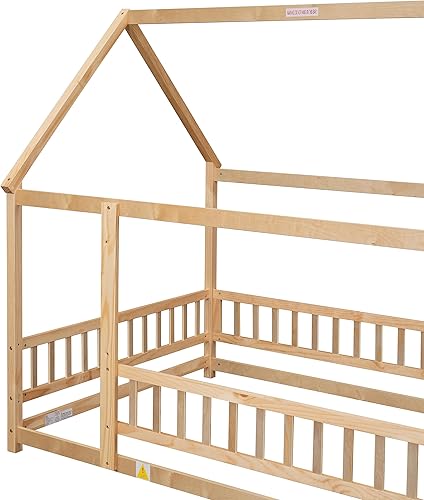 Miniatura 108 de Bellemave Cama Montessori de madera con valla y techo para niños, marco de cama individual para niños, niñas (individual, blanco)