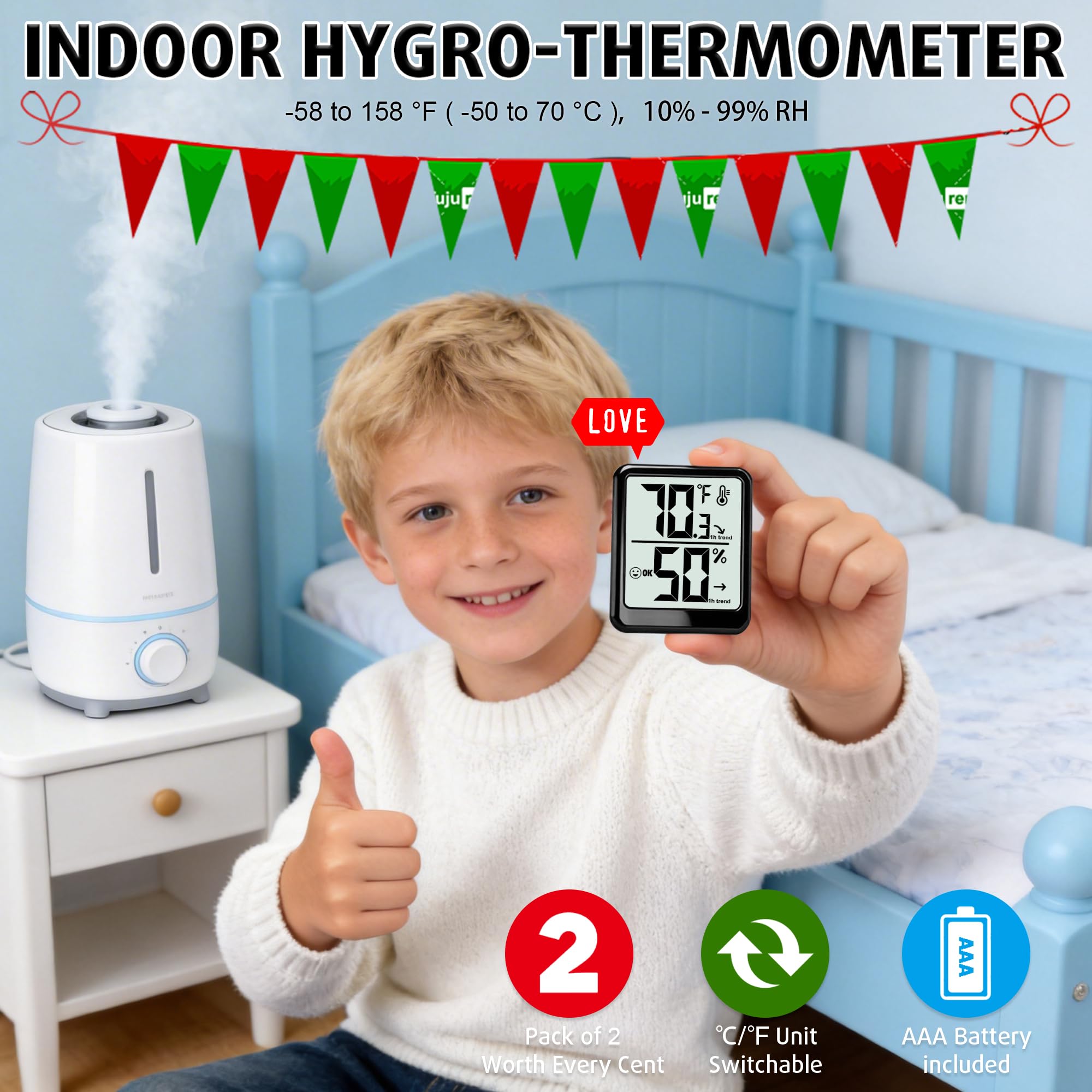 Paquete de 2 termómetros de habitación higrómetro de interior para el hogar, medidor de humedad de temperatura, medidor de humedad, sensor digital de monitor de temperatura ambiente para bebé
