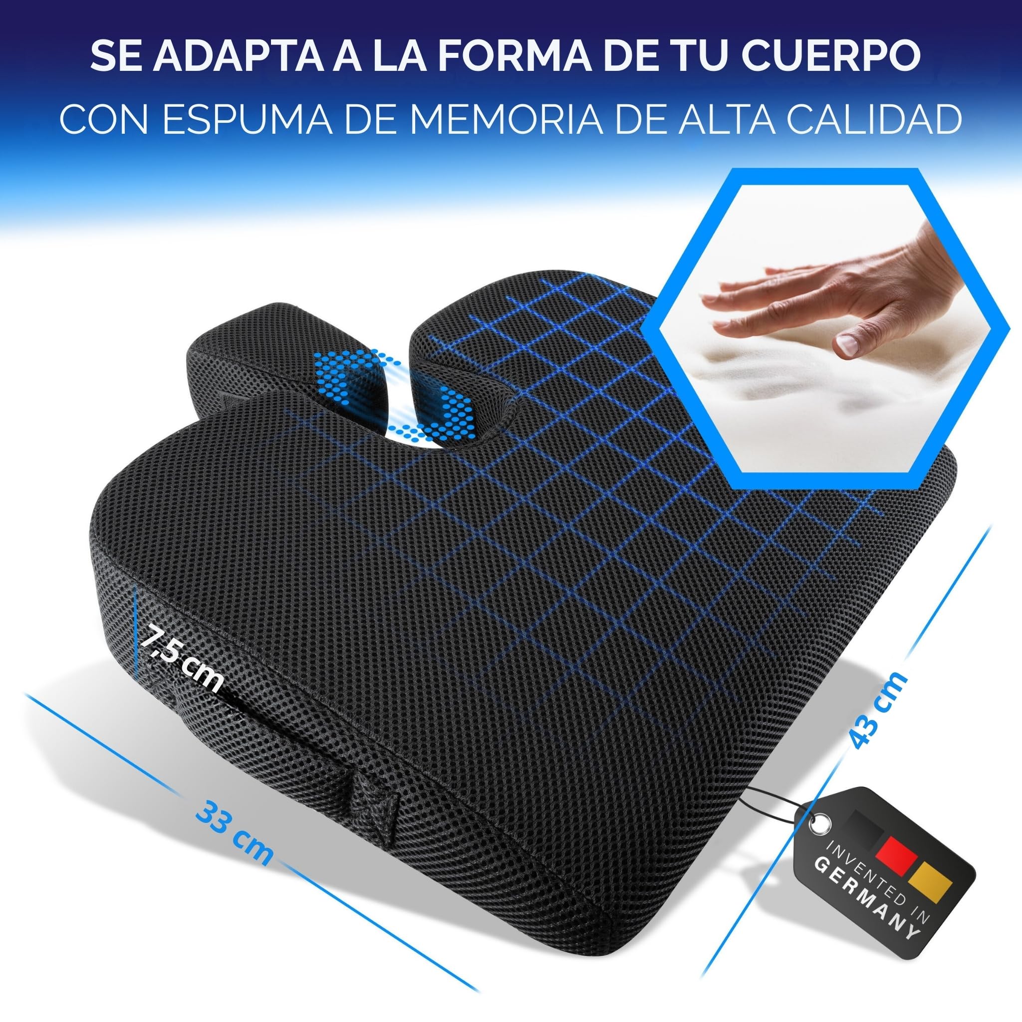 Healthfix Cojín de asiento de cuña – Silla ortopédica de espuma viscoelástica y cojín de coche | Cuña ergonómica para asiento de oficina, conducción y hogar | Mejora la postura y alivia el dolor de