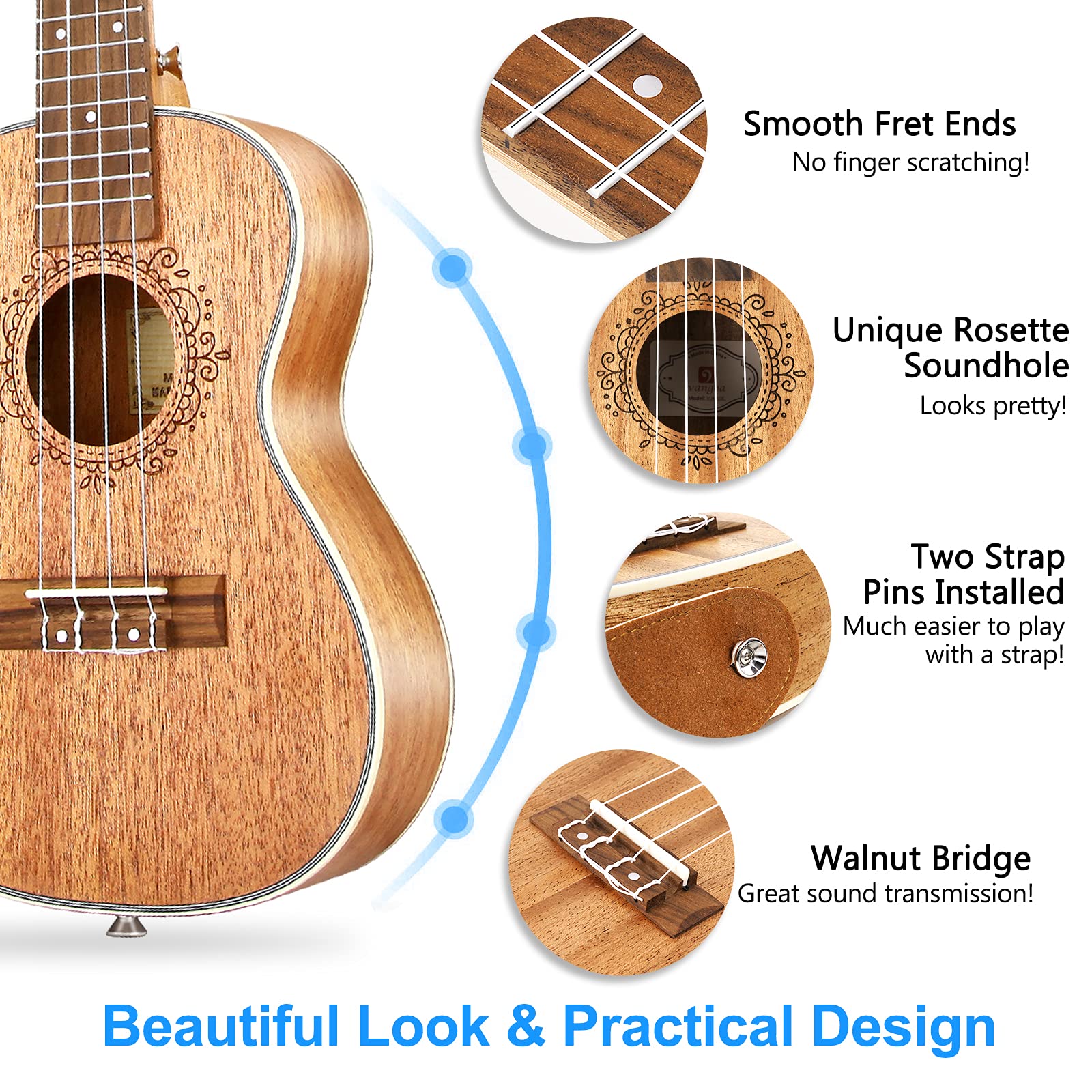 Vangoa Ukulélé Tenor 26 pouces Acajou Solide Hawaii Acoustic Ukulele avec des kits pour débutants