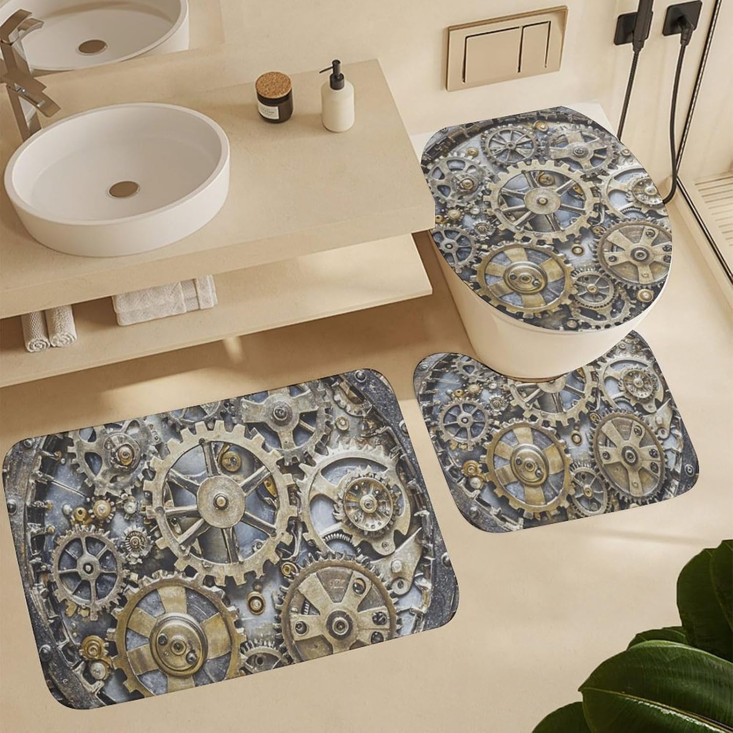 Steampunk Mechanical Gears Shower Curtain Set 4 Piece, Non-Slip Bath Mat with Toilet Lid Cover and Waterproof Shower Curtain with 12 Hooks, Complete Bathroom Set for Home Decor