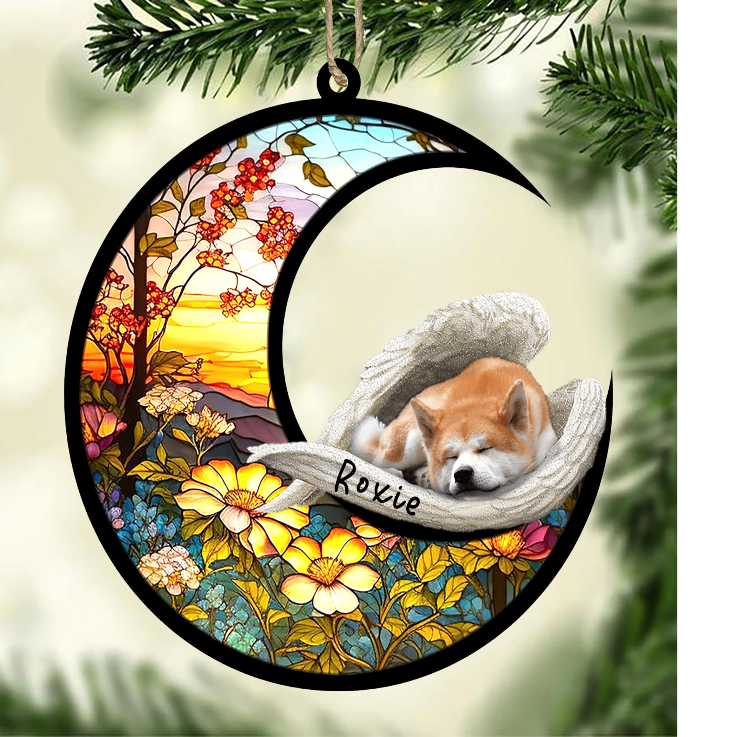 Personalized Akita Dog Memorial Suncatcher, Akita Christmas Ornament with Name, Pet Loss Catcher, Gifts for Dog Lovers Loss of Dog, Akita Sleep on Haven