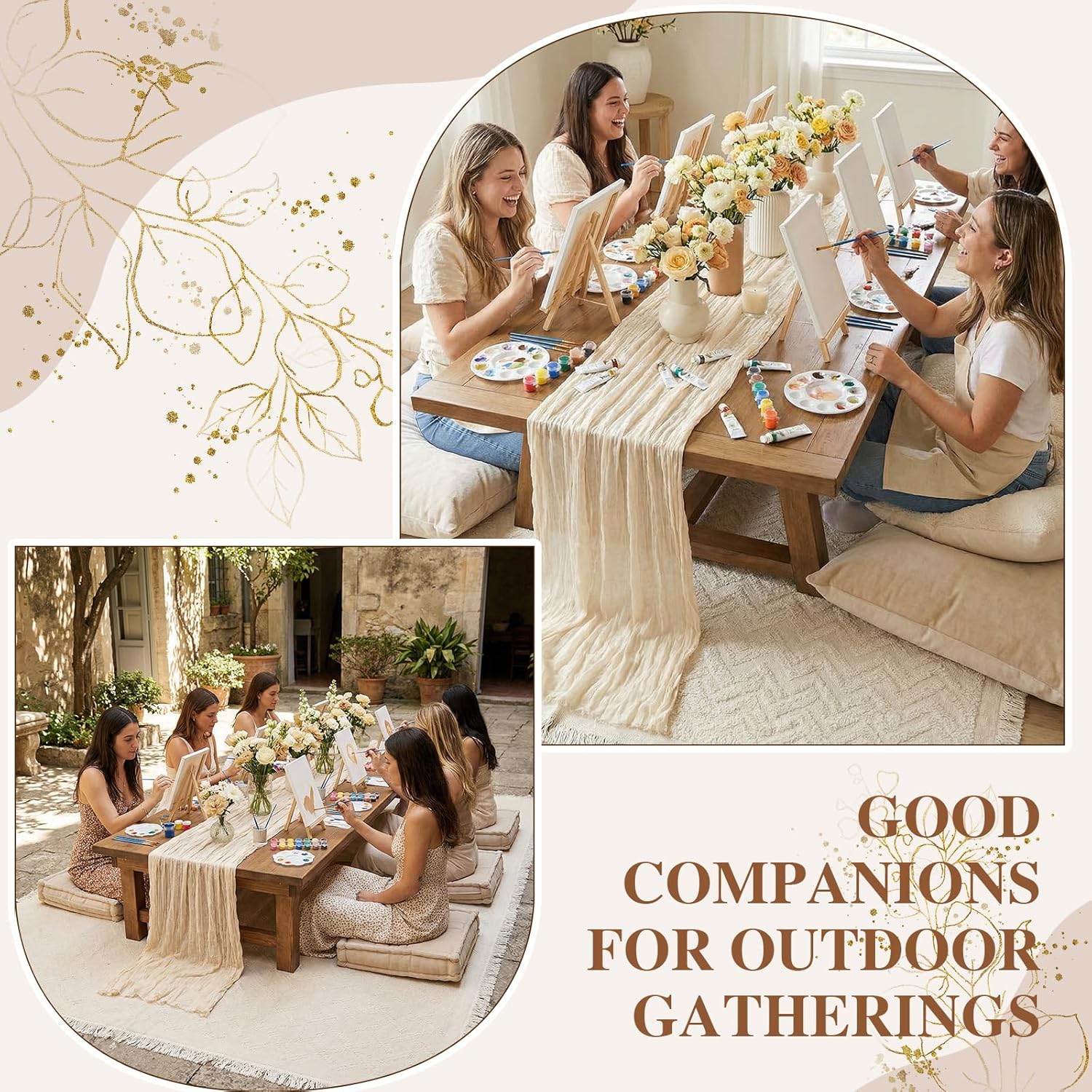 Boho Outdoor Paint Party Kit for 6-91 x 71 Large Picnic Blanket Table Runner 56 Pcs Painting Supplies for Group Painting Bachelorette Birthday Art Party Set(Beige)