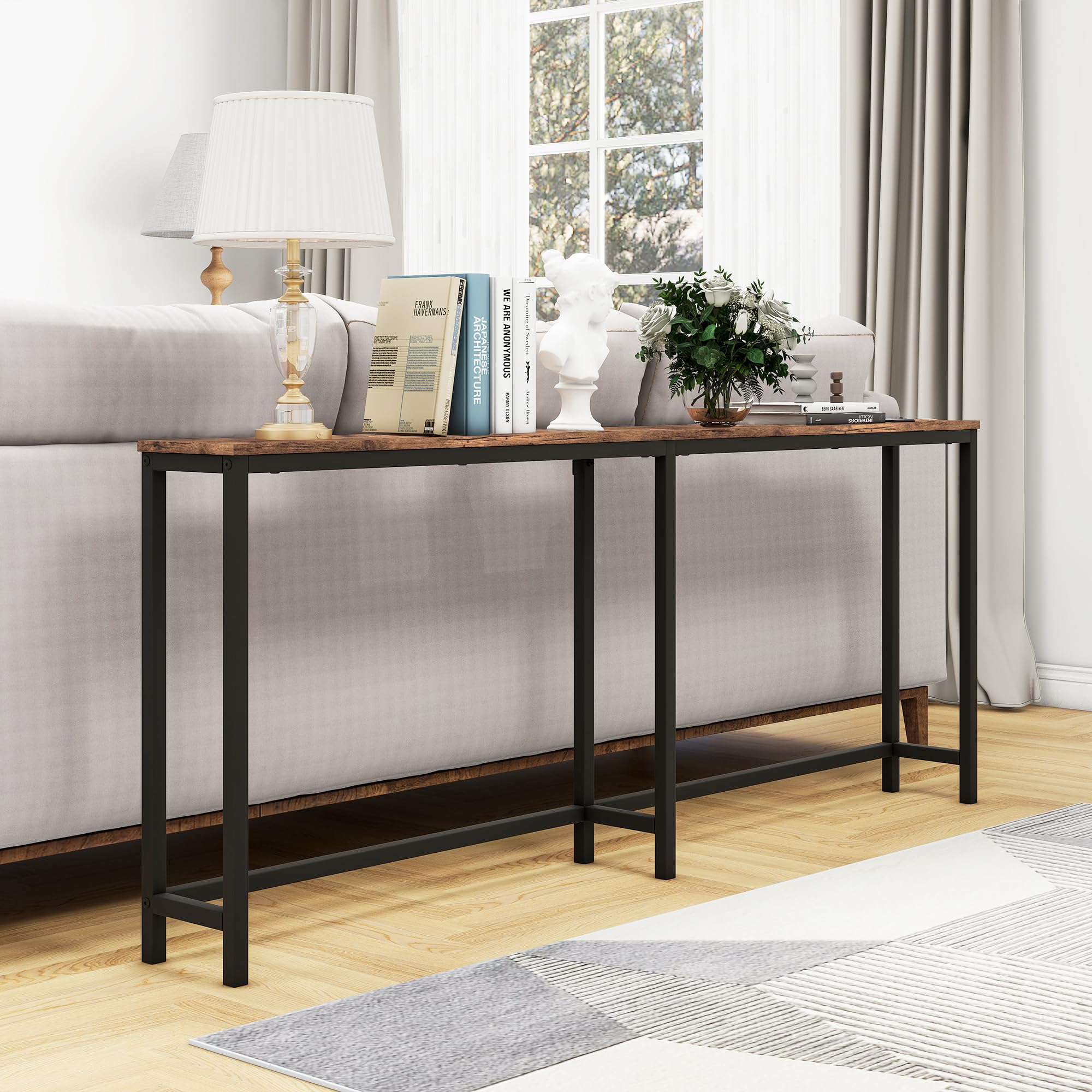Mesa consola de 70.8 pulgadas con puertos USB, mesa de sofá con estación de carga, mesa de entrada estrecha, mesa de pasillo delgada, color marrón rústico 7