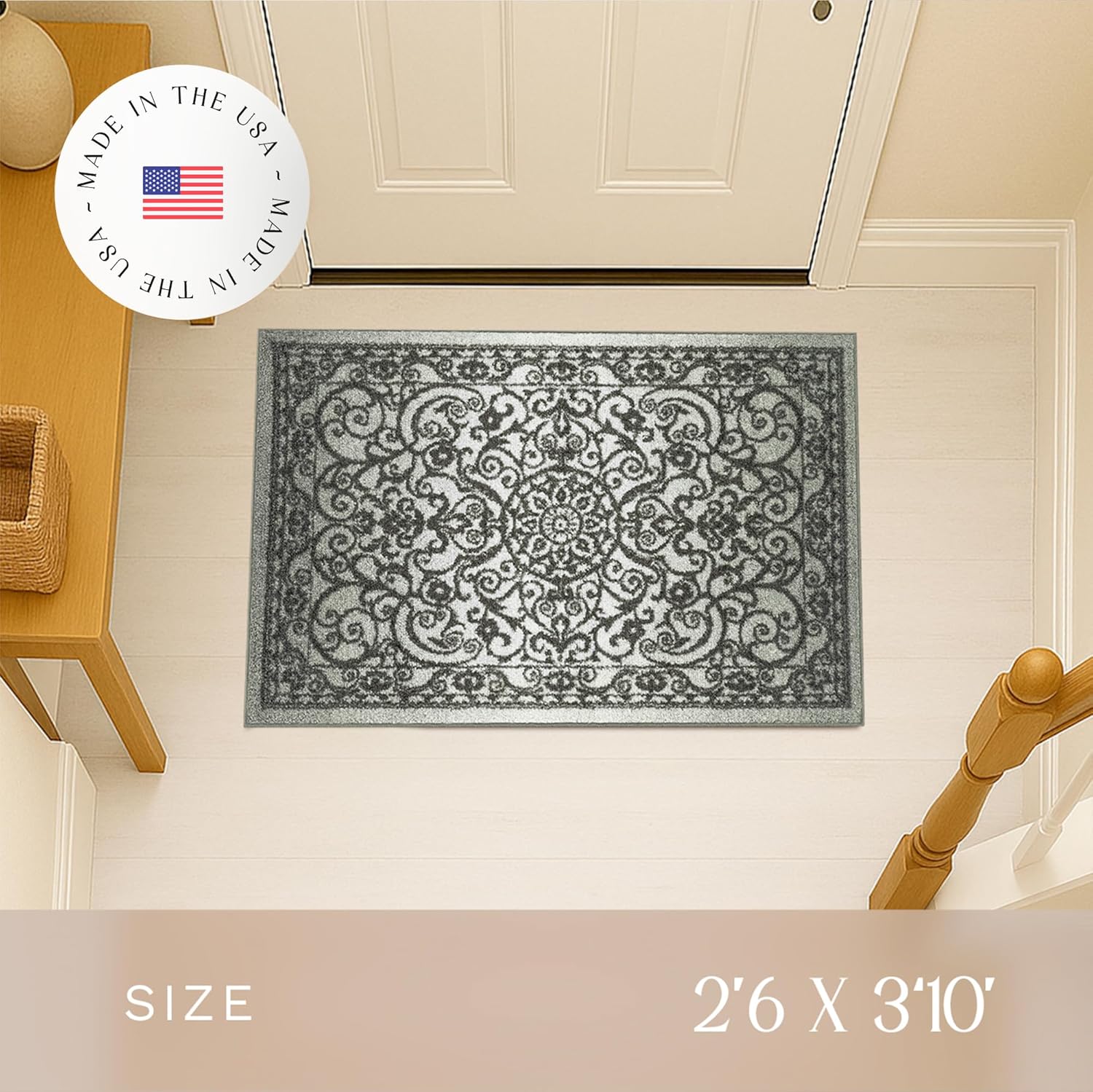 Maples Rugs Pelham Vintage Medallion Area Rugs - Made in USA - Washable, Non-Slip, Low Profile Indoor Rug for Entryway, Foyer, Kitchen, and Bathroom, 2'6 x 3'10, Grey Tonal Grey 2'6" x 3'10" (Rectangular)