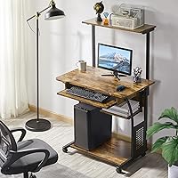 Vista 2 de Yaheetech Escritorio de computadora con ruedas de 3 niveles con bandeja para teclado y estante de impresora para oficina en casa, escritorio