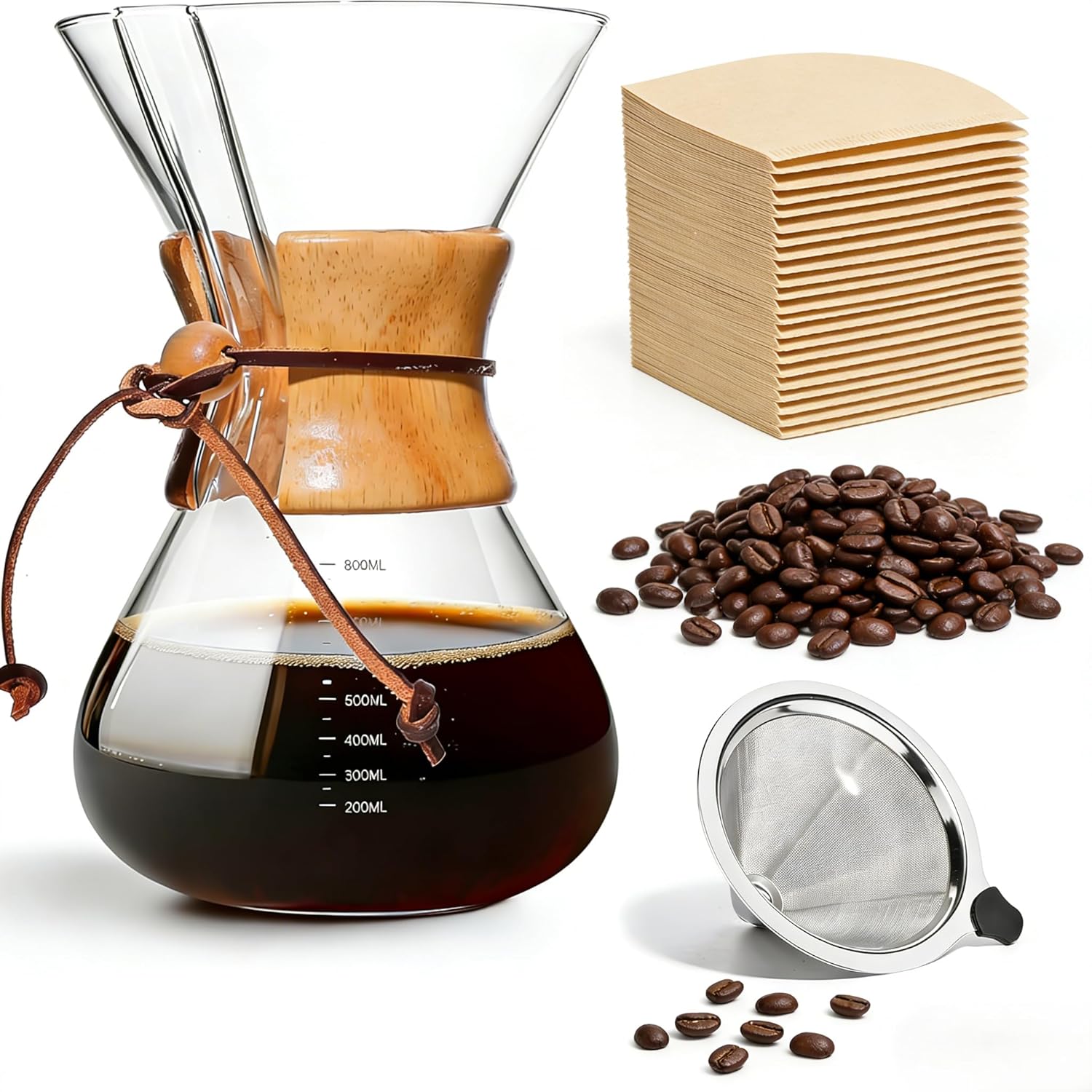 Pour Over Coffee Maker, 27oz 8-Cup Drip Coffee Maker with Double Layer Stainless Steel Filter, Pour Over Coffee Dripper, High Heat Resistant Carafe for Home Camping