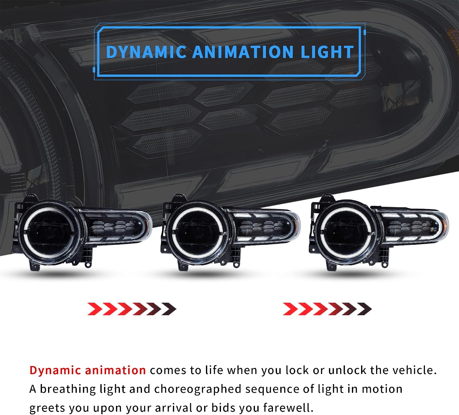 VLAND Projector Headlights Compatible with FJ Cruiser 2007-2022, Front Lamp Assembly w/Dynamic Animation Running Light Bar w/Switchback Turn Signal Lights, Sold as a PAIR, Easy Installation