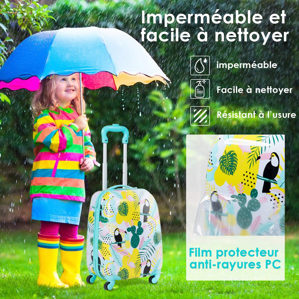 COSTWAY Valise Enfants à roulettes 16’’ & Sac à Dos 12’’ avec Poignée Télescopique, Bagage Enfants avec Motif Flamants, 4 Roues Rotatives, Lot de 2 Valise pour Fille Garçon