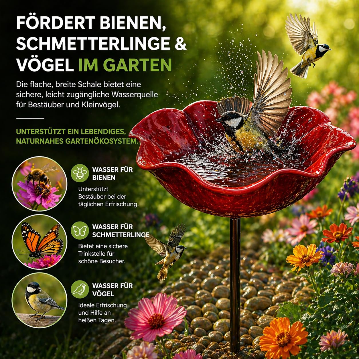 Blumen Gartenstecker Vogeltränke– Handgefertigter Metall Gartenstecker als Bienentränke & Vogelbad, Insekten Tränke für Garten – Geschenk zum Muttertag (Grün,5pcs)