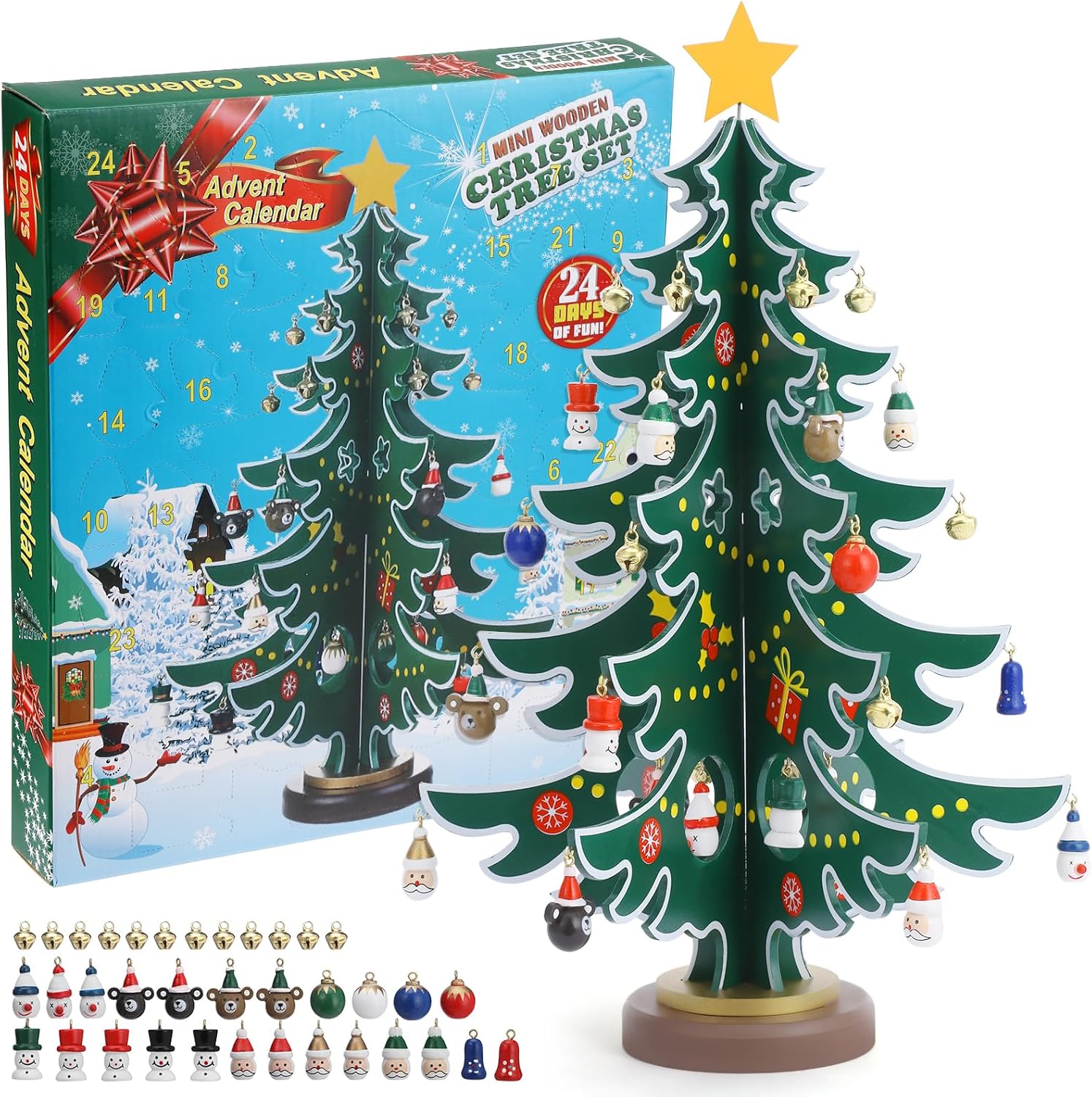 Christmas 24 Days Countdown Advent Calendar with 36 Ornaments Decoration, 12" Wooden