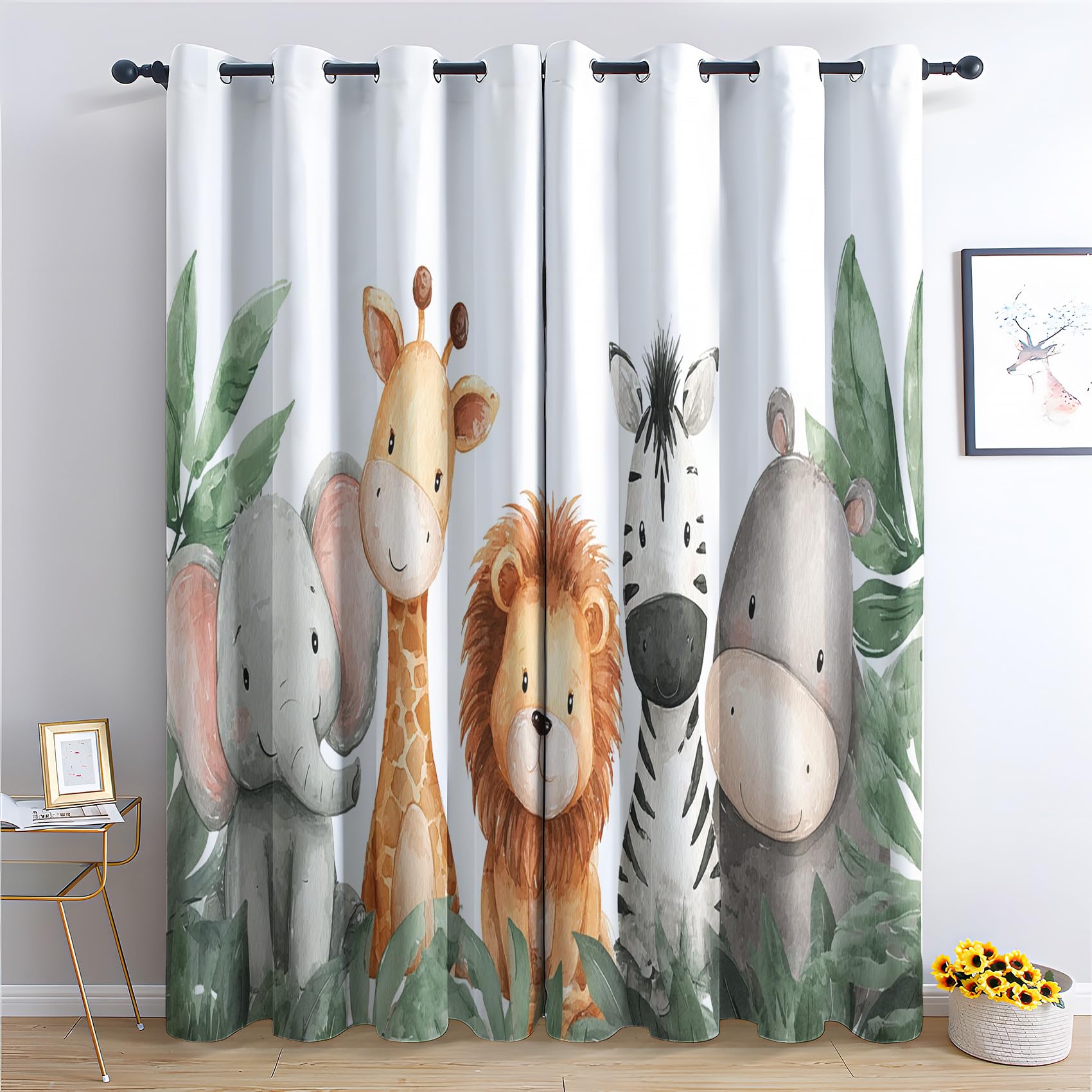 Venivici Green White Orange Grey Safari Animal Blackout Curtains For Bedroom Living Room - 84 Inch Drop Curtains Eyelet, Kids Jungle Woodland Animal Patterned Window Treatments, Thermal Insulated Drapes 52X84 2 Panels