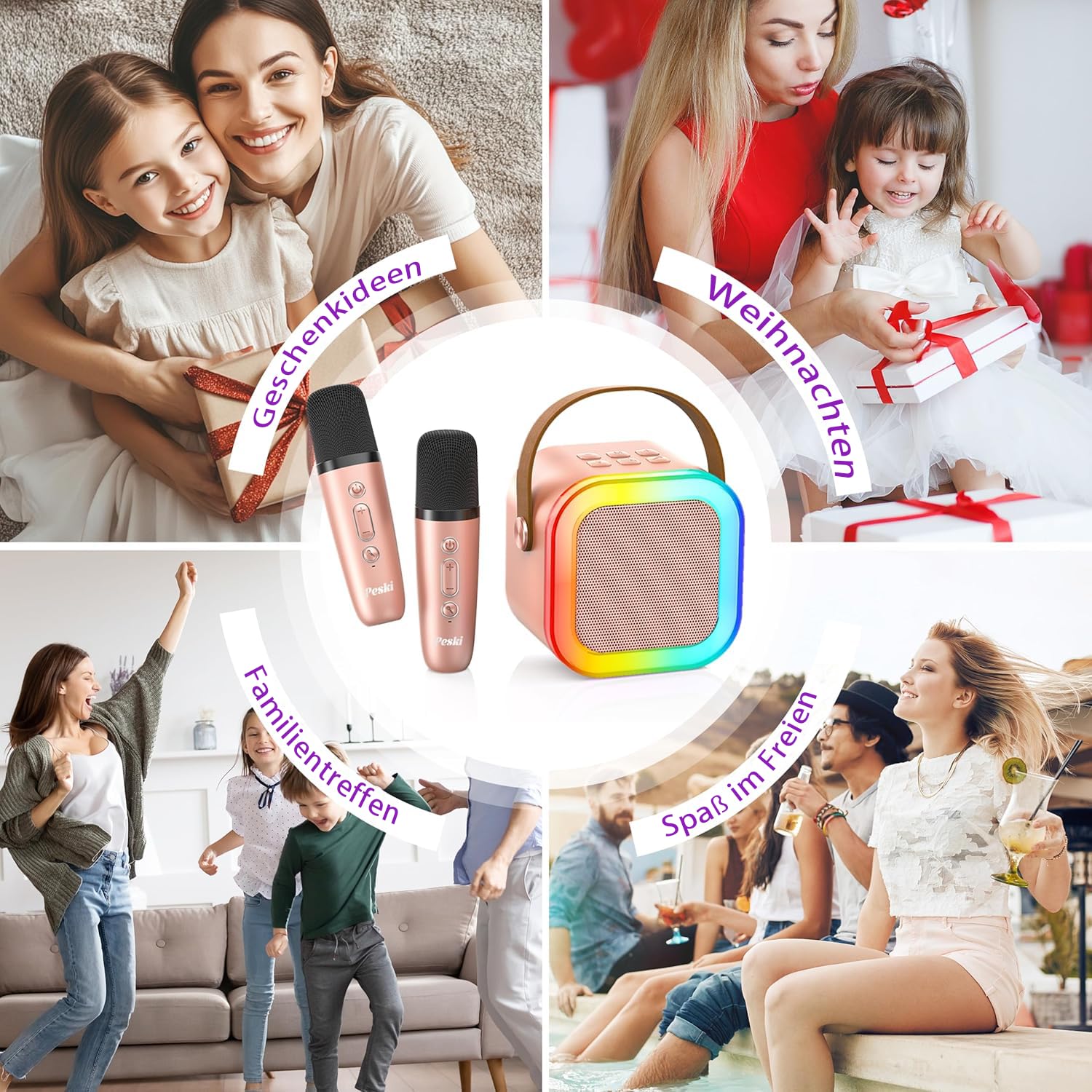 Maszyna do karaoke dla dzieci, mini maszyna do karaoke z 2 mikrofonami Bluetooth, przenośny głośnik Bluetooth z efektami dźwiękowymi i diodami LED, prezent dla dzieci w wieku 3-12 lat, dla dziewcząt i
