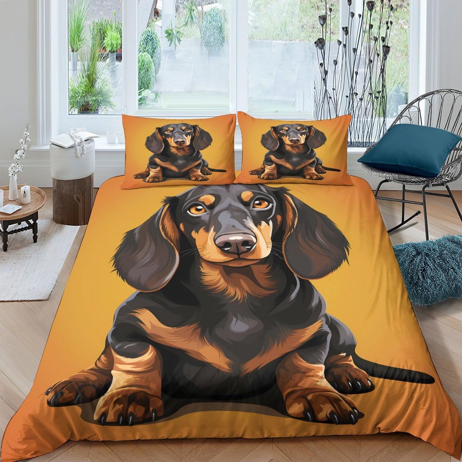 GPLZQXKJNH 3D Printed Dachshund Dog Duvet Cover Microfiber Soft Orange Bedding Set with 2 Pillowcases for Bedroom Decor Single（135x200cm）