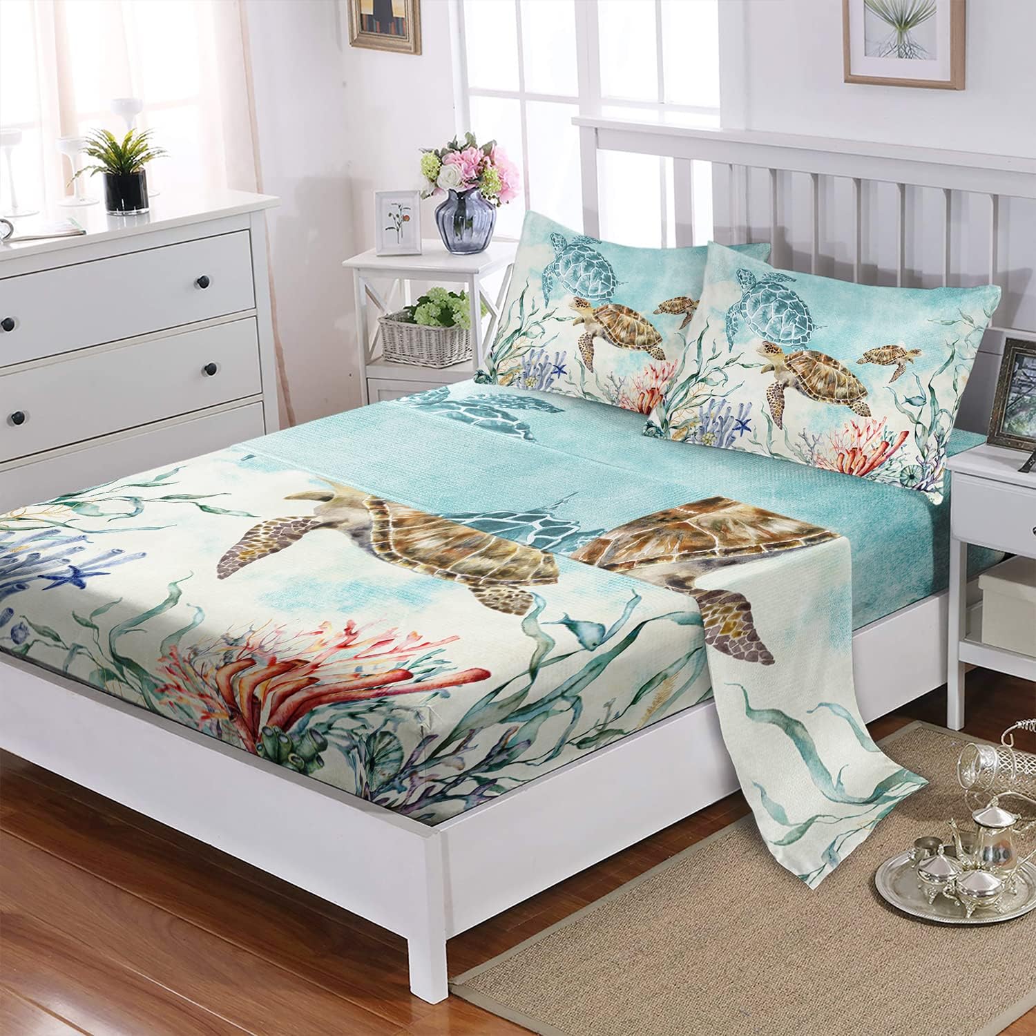 CVHouse Sea Turtle Bed Sheets Set, Queen Size - Watercolor Ocean Bedding with 1 Flat Sheet & 1 Fitted Sheet & 2 Pillow Cases - 4 Pieces