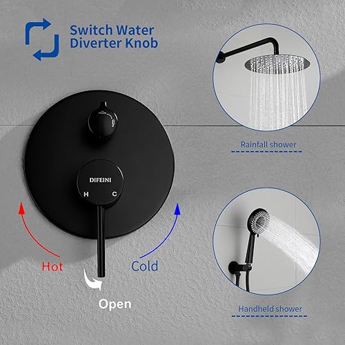 Miniatura 8 de DIFEINI Sistema de ducha negro mate, juego de grifo de ducha con cabezal de ducha de acero inoxidable de 10 pulgadas, juego de ducha con kit de